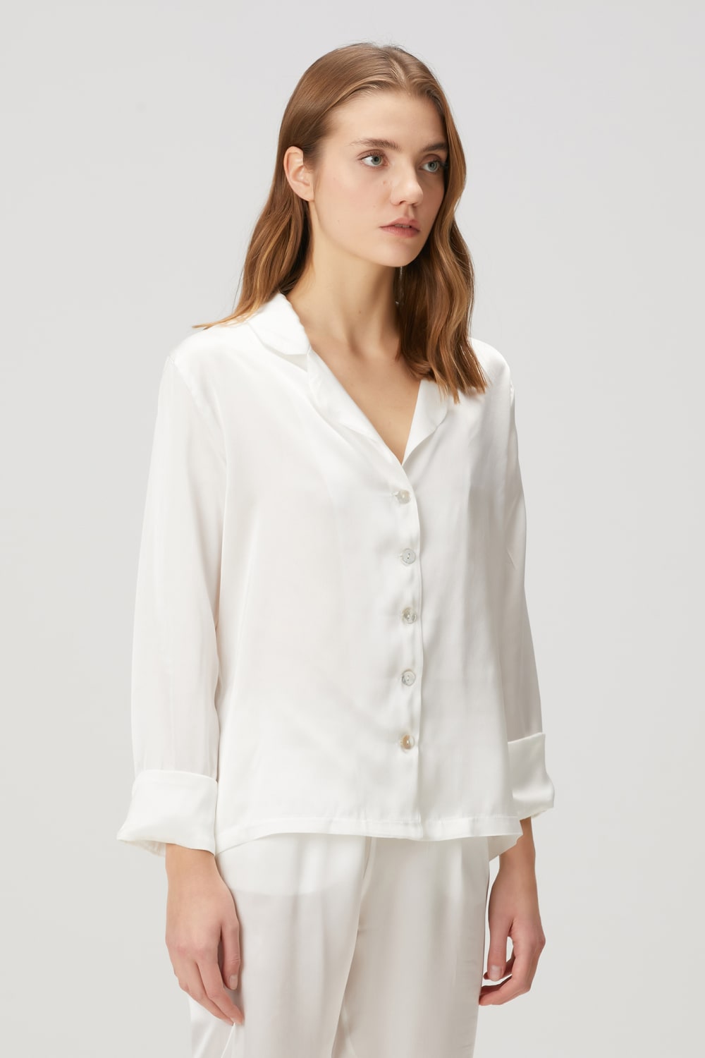 Zau-Beyaz %100 İpek Kadın Pijama Takımı-Pijama Takımı-1-Milagron.com