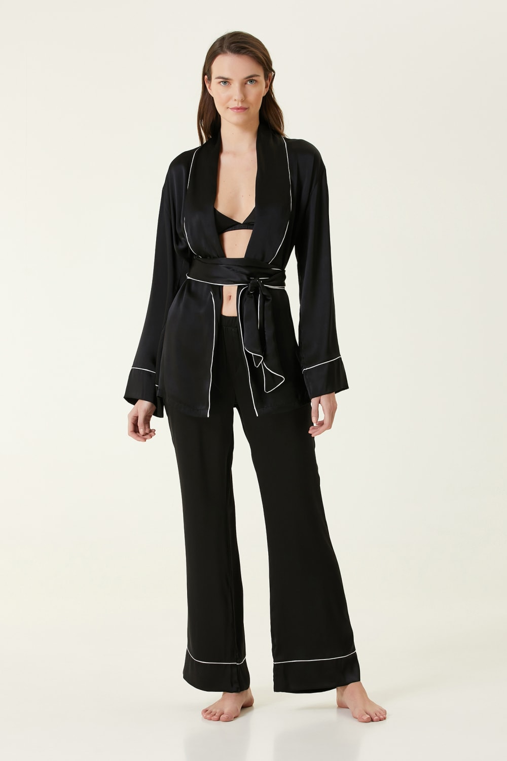 Zau-İpek Sabahlıklı 3'lü Siyah Kadın Pijama Set-Pijama Takımı-1-Milagron.com