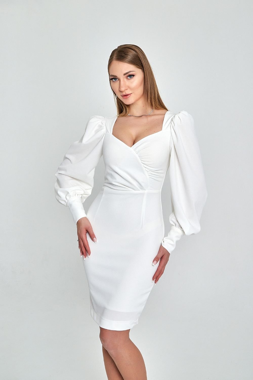 Zeynep Kaya-Beyaz Midi Boy Vücuda Oturan Krep Elbise-Elbise-1-Milagron.com