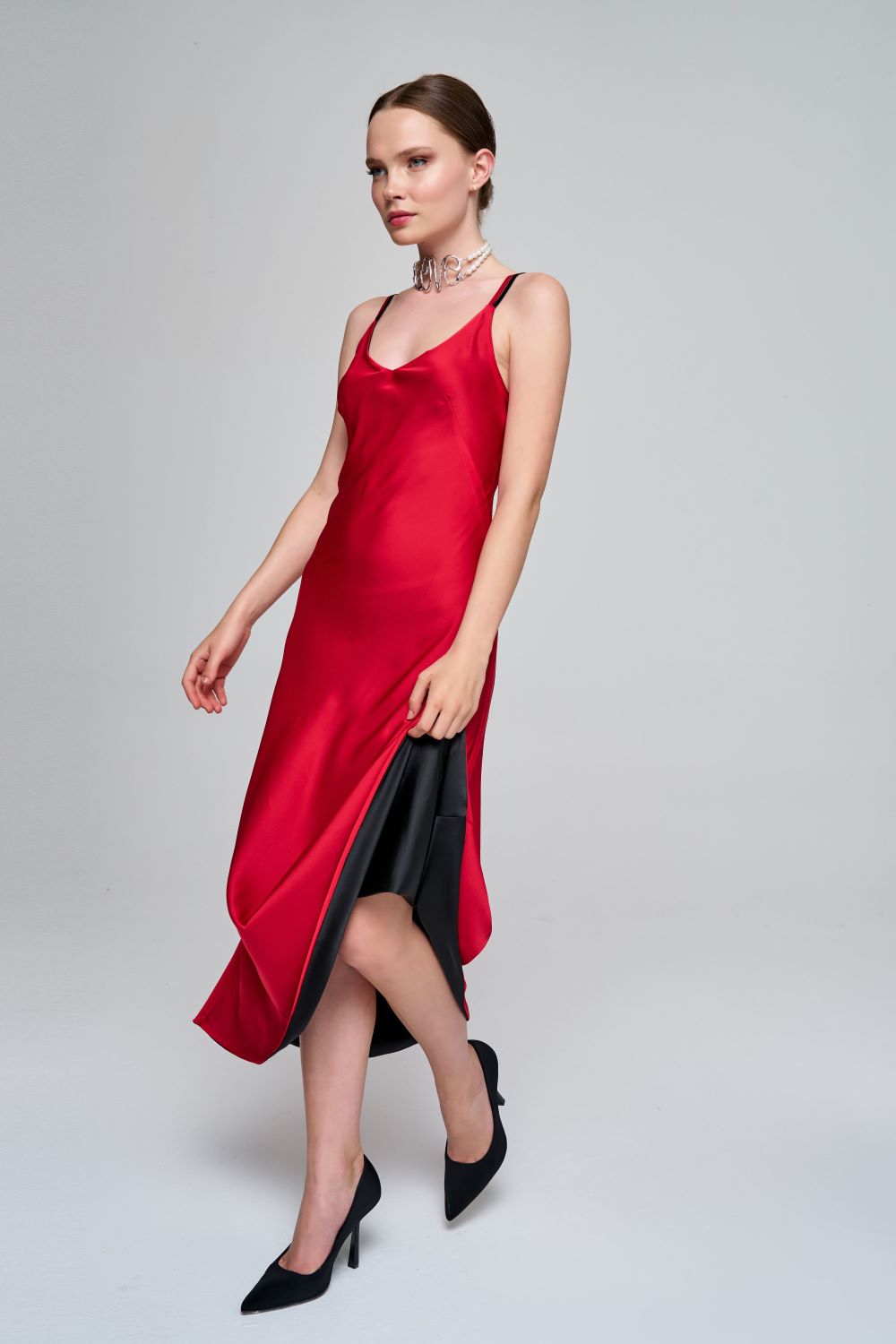 Zeynep Kaya-Çift Taraflı Saten Siyah/kırmızı Elbise-Elbise-1-Milagron.com