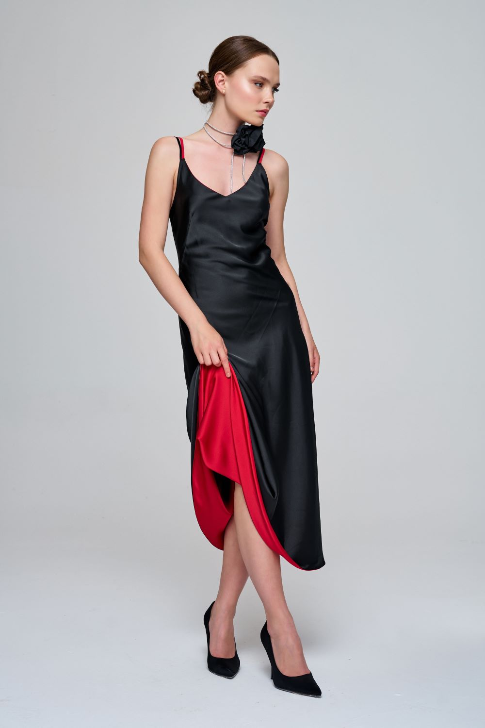Zeynep Kaya-Çift Taraflı Saten Siyah/kırmızı Elbise-Elbise-2-Milagron.com