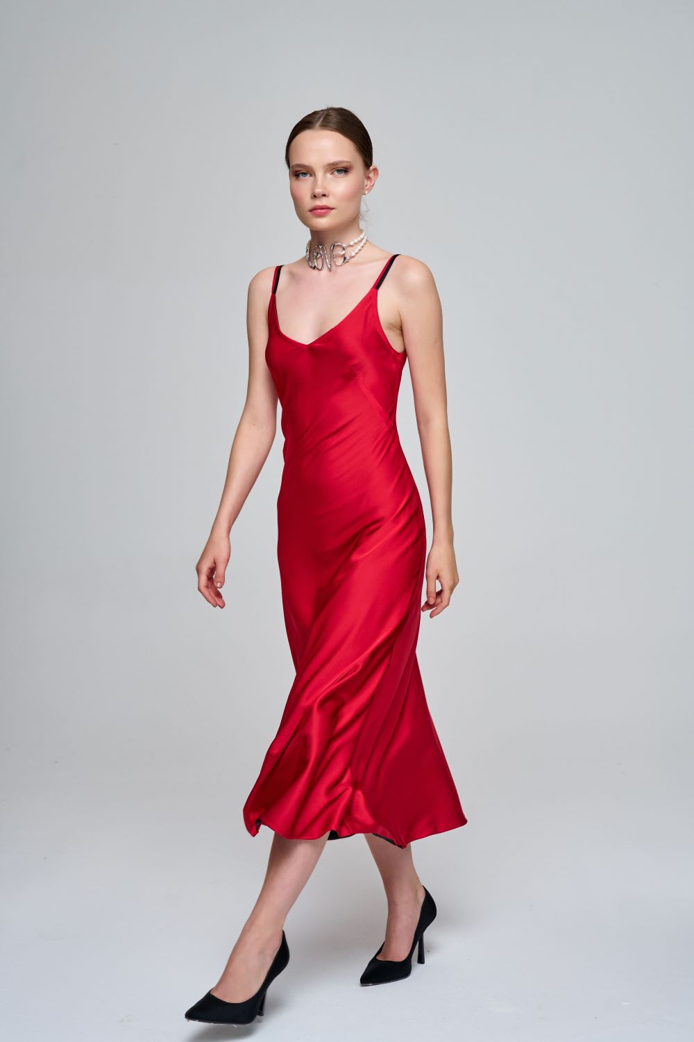 Zeynep Kaya-Çift Taraflı Saten Siyah/kırmızı Elbise-Elbise-3-Milagron.com