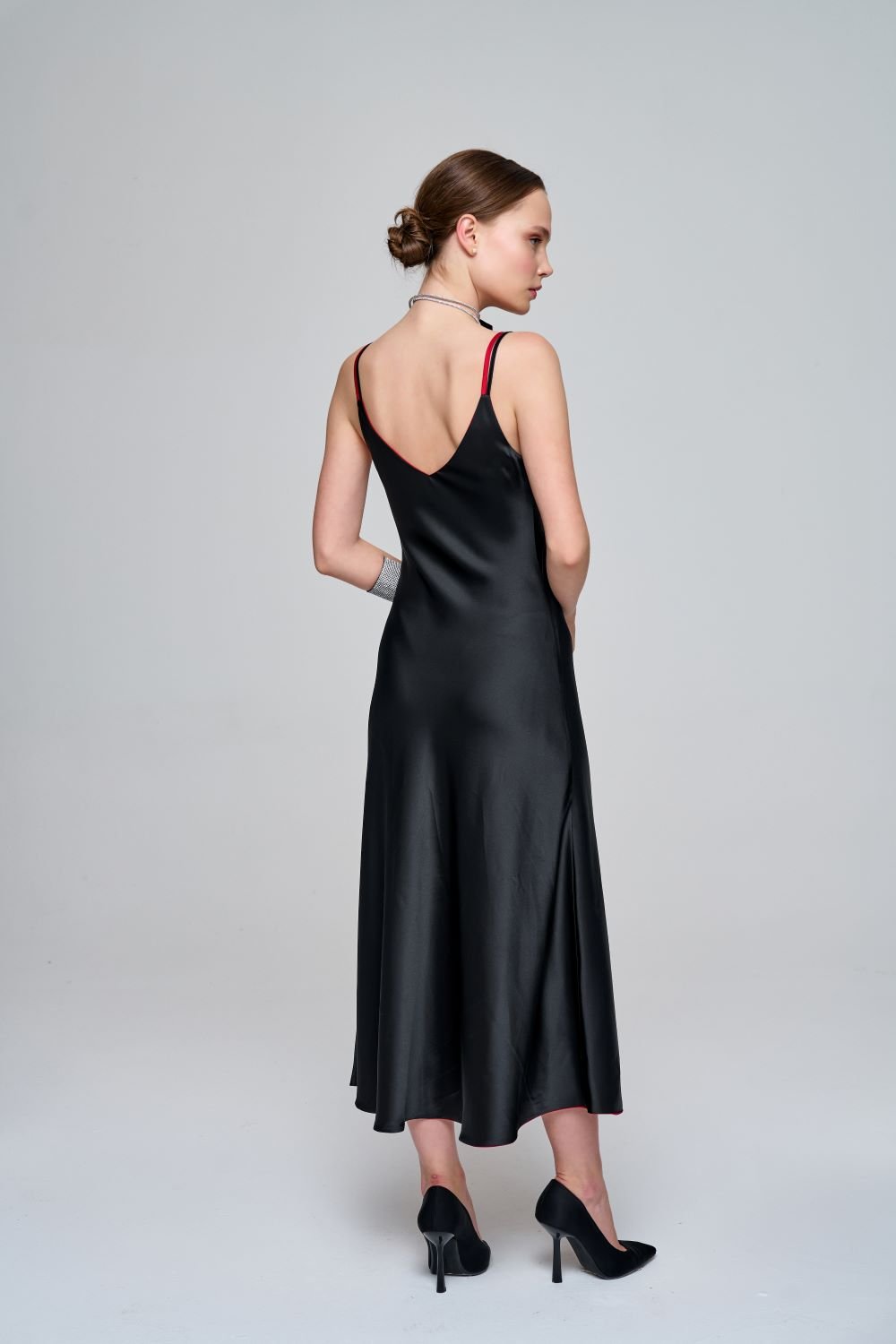 Zeynep Kaya-Çift Taraflı Saten Siyah/kırmızı Elbise-Elbise-5-Milagron.com