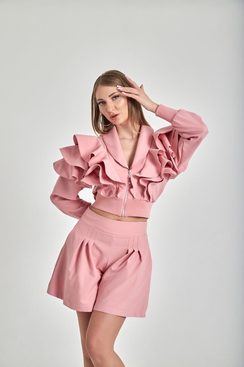 Zeynep Kaya-Geniş Paçalı Ribana Detay Pembe Şort-Şort-1-Milagron.com