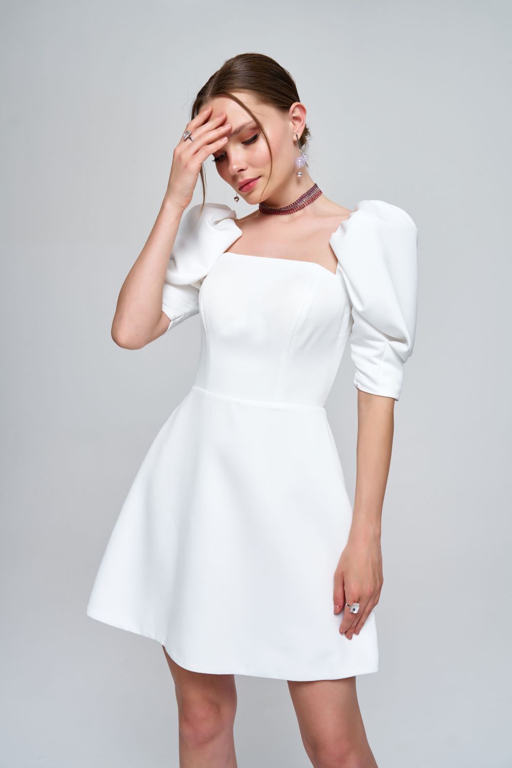 Zeynep Kaya-Karpuz Kol Straplez Mini Beyaz Elbise-Elbise-1-Milagron.com