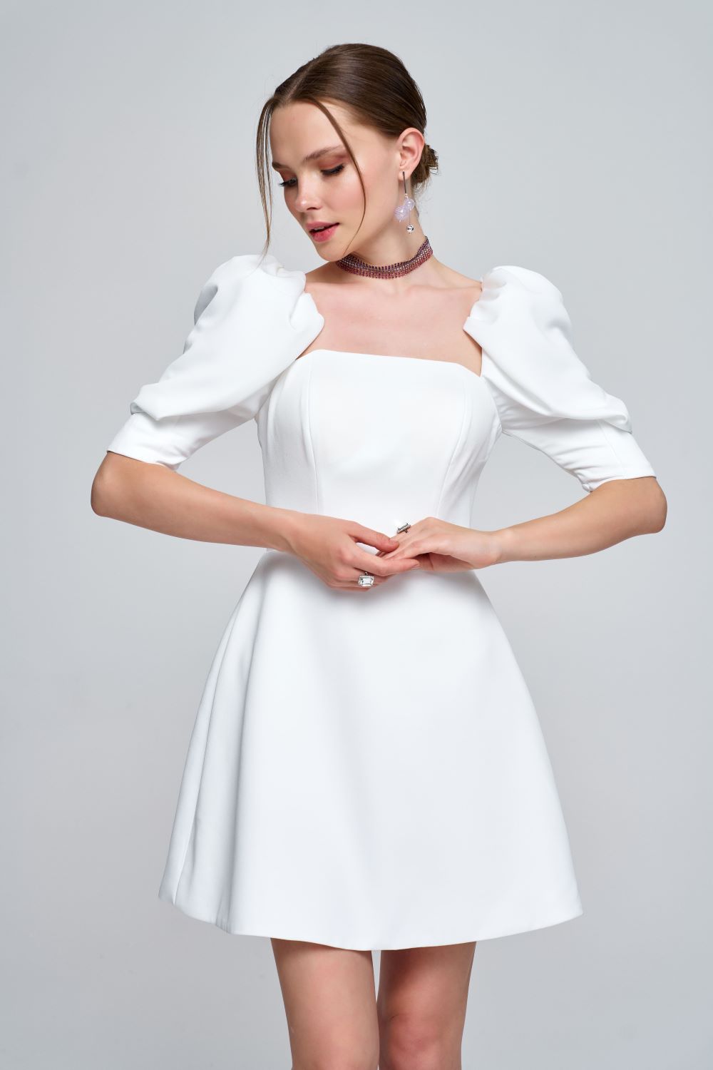 Zeynep Kaya-Karpuz Kol Straplez Mini Beyaz Elbise-Elbise-2-Milagron.com