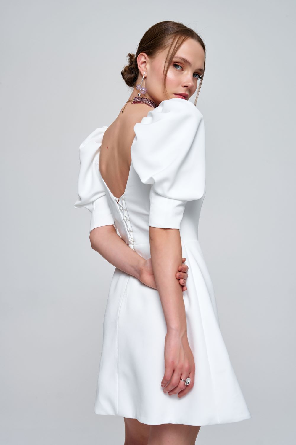 Zeynep Kaya-Karpuz Kol Straplez Mini Beyaz Elbise-Elbise-4-Milagron.com