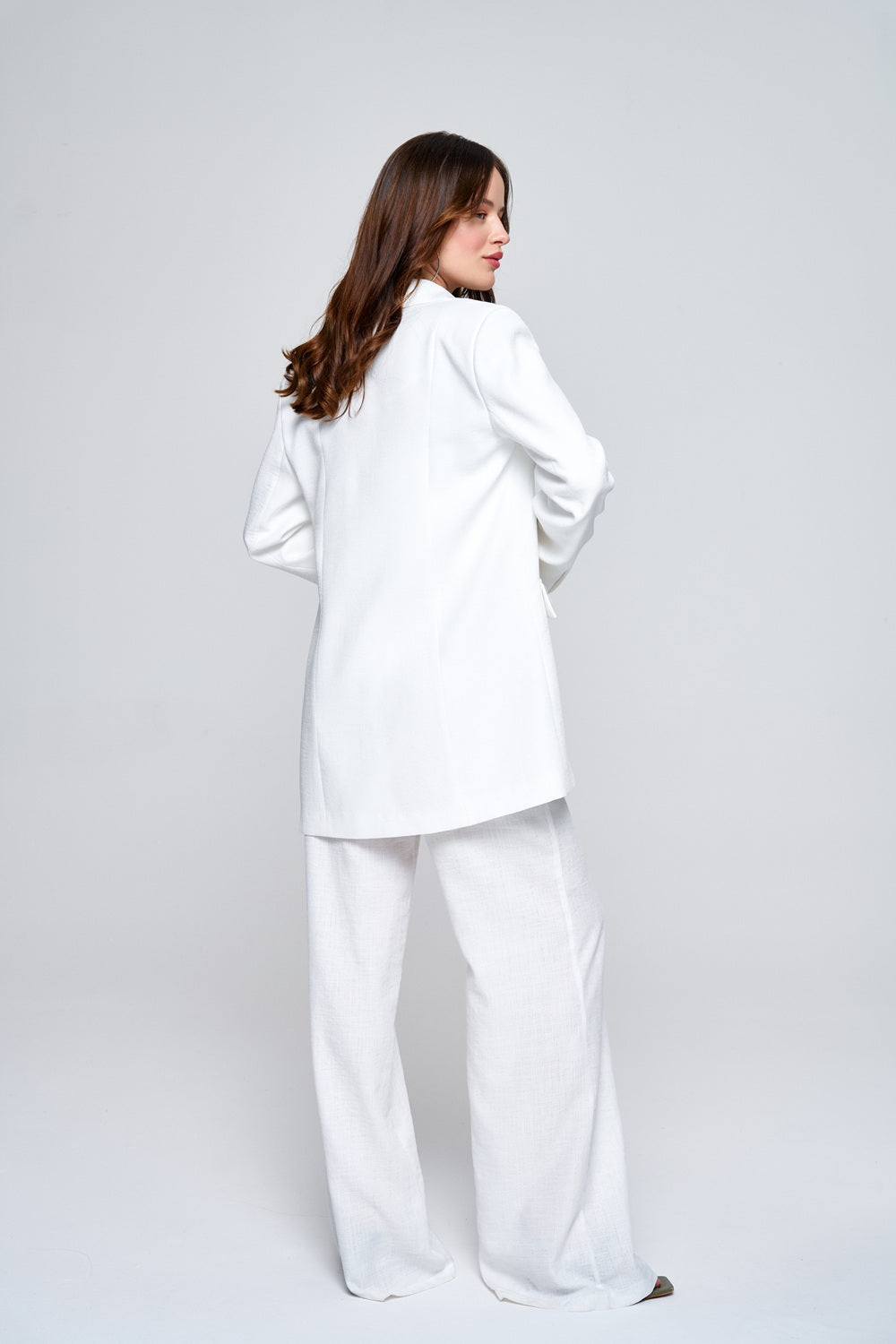 Keten Cep Kapaklı Beyaz Blazer Ceket - 1