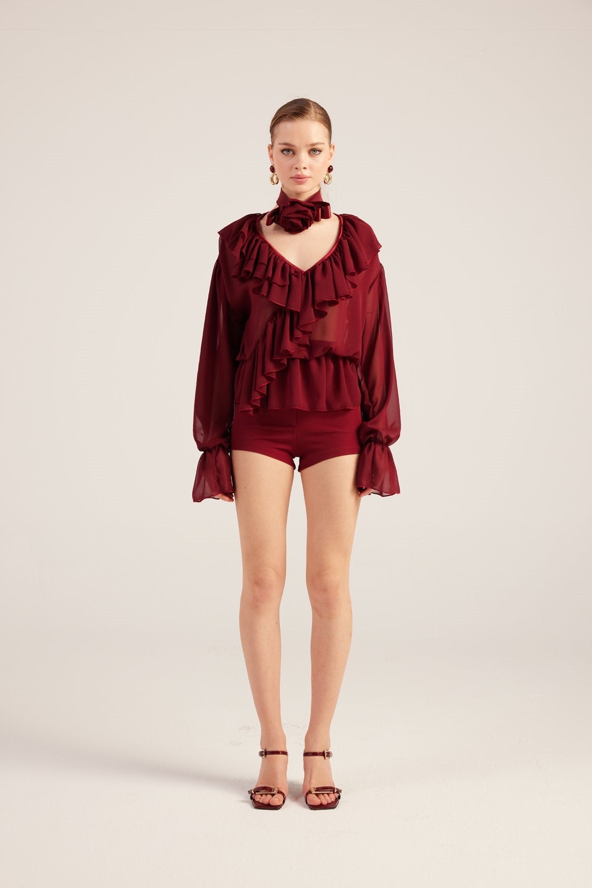 Fırfırlı Güllü Choker Aksesuarlı Şifon Sassy Gömlek Bordo