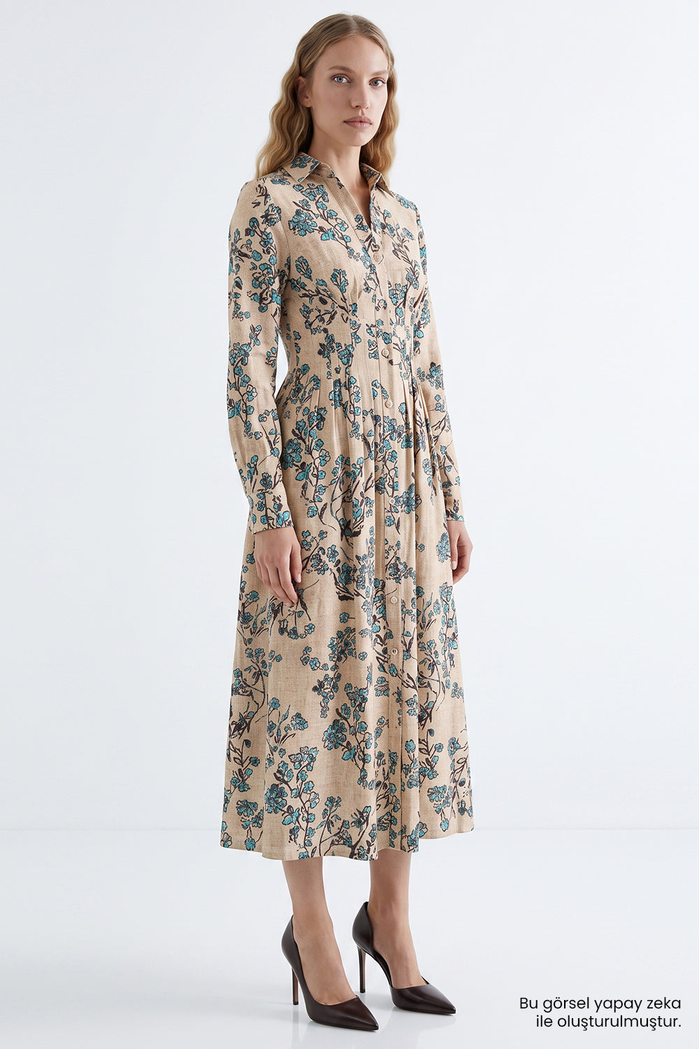 Uzun Kollu Bele Oturan Pileli Slim Fit Midi Çok Renkli Elbise