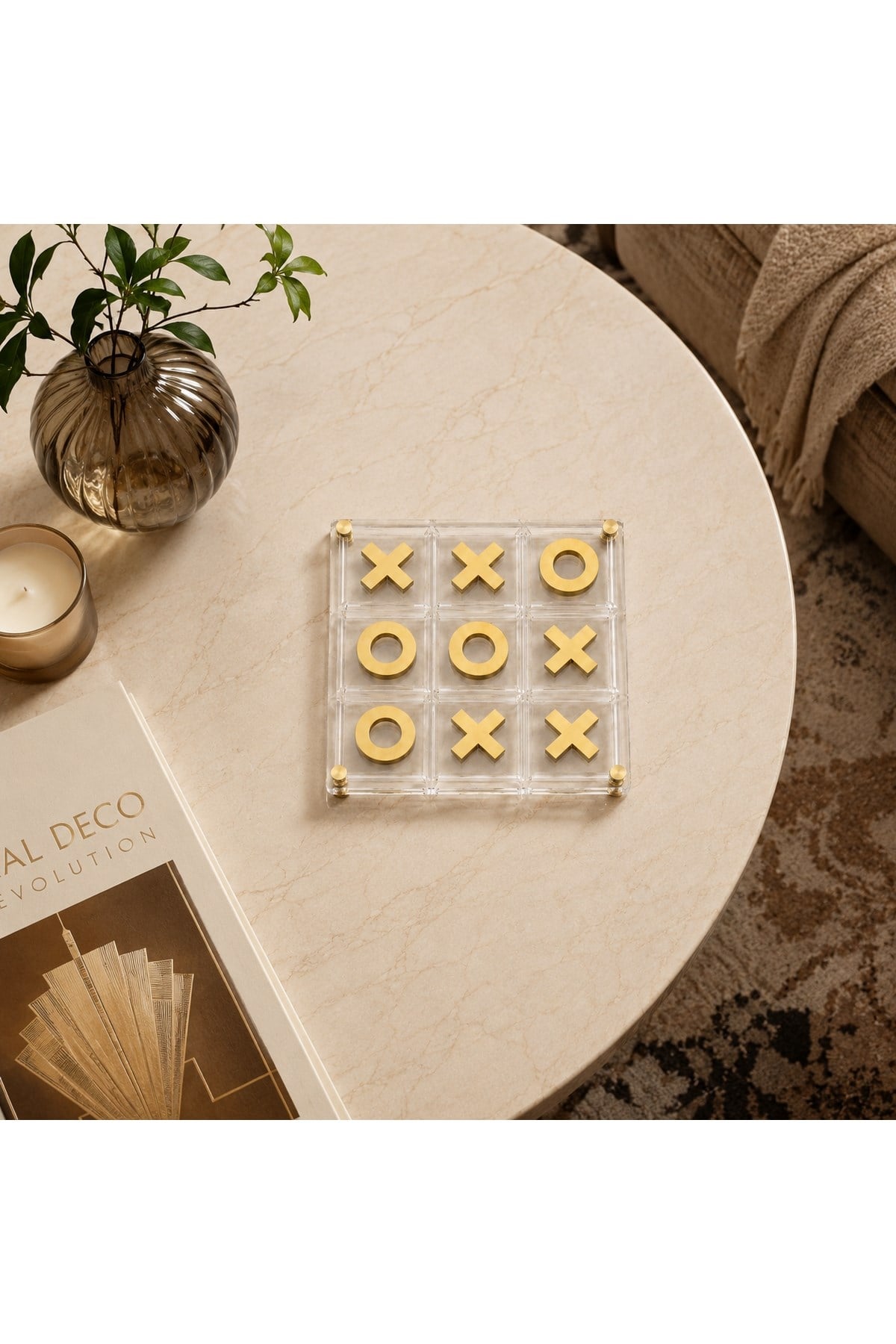 Memonza-Akrilik Pirinç Detaylı Dekoratif Tic Tac Toe Oyun Seti-Satranç-5-Milagron.com