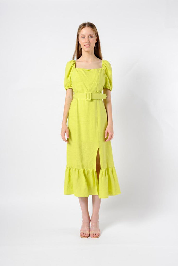 Diagonal | Astarlı Keten Kumaş Kaplama Elbise Fıstık Yeşili 2 | Milagron