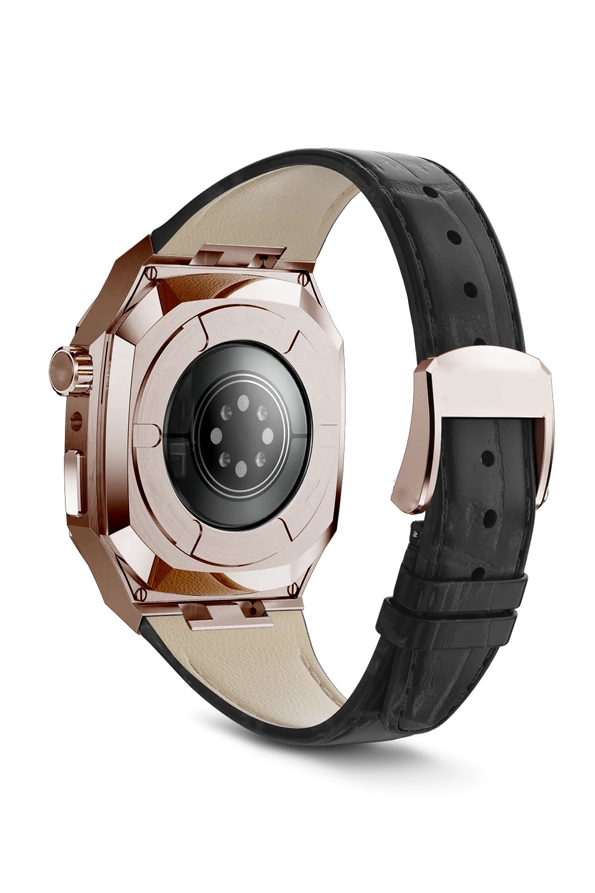 Apple Watch Uyumlu Belize Rose Gold Kasa Koruyucu Deri Kordon Siyah