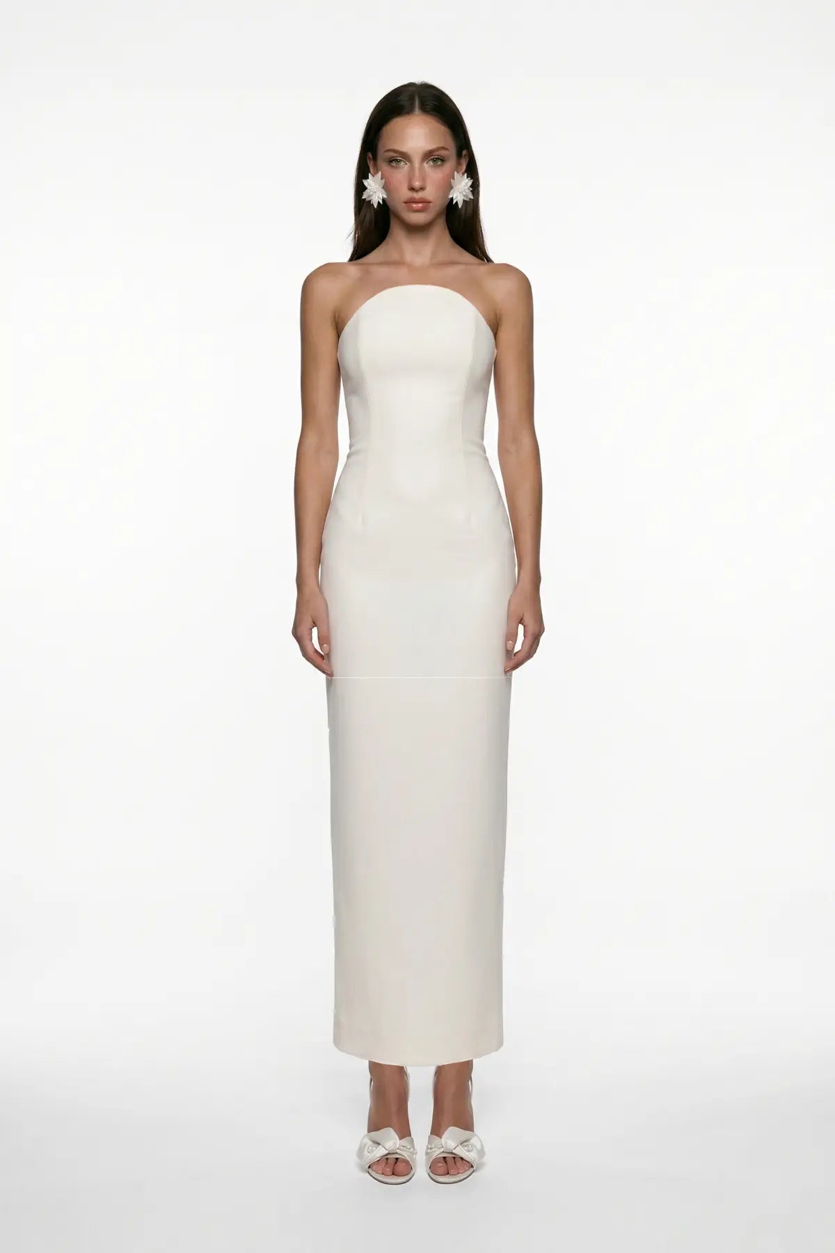 Beyaz Korse Detayli Krep MiDi Bodycon ElbiSe