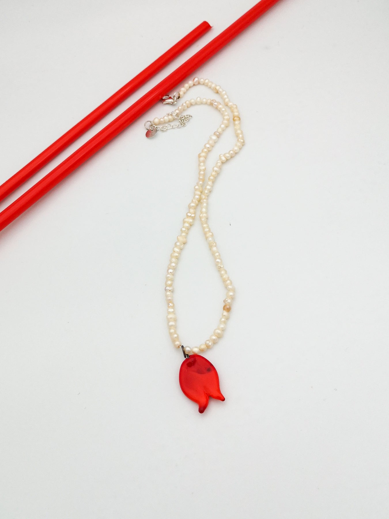Murano Kırmızı Lale Inci Choker Gümüş Kolye