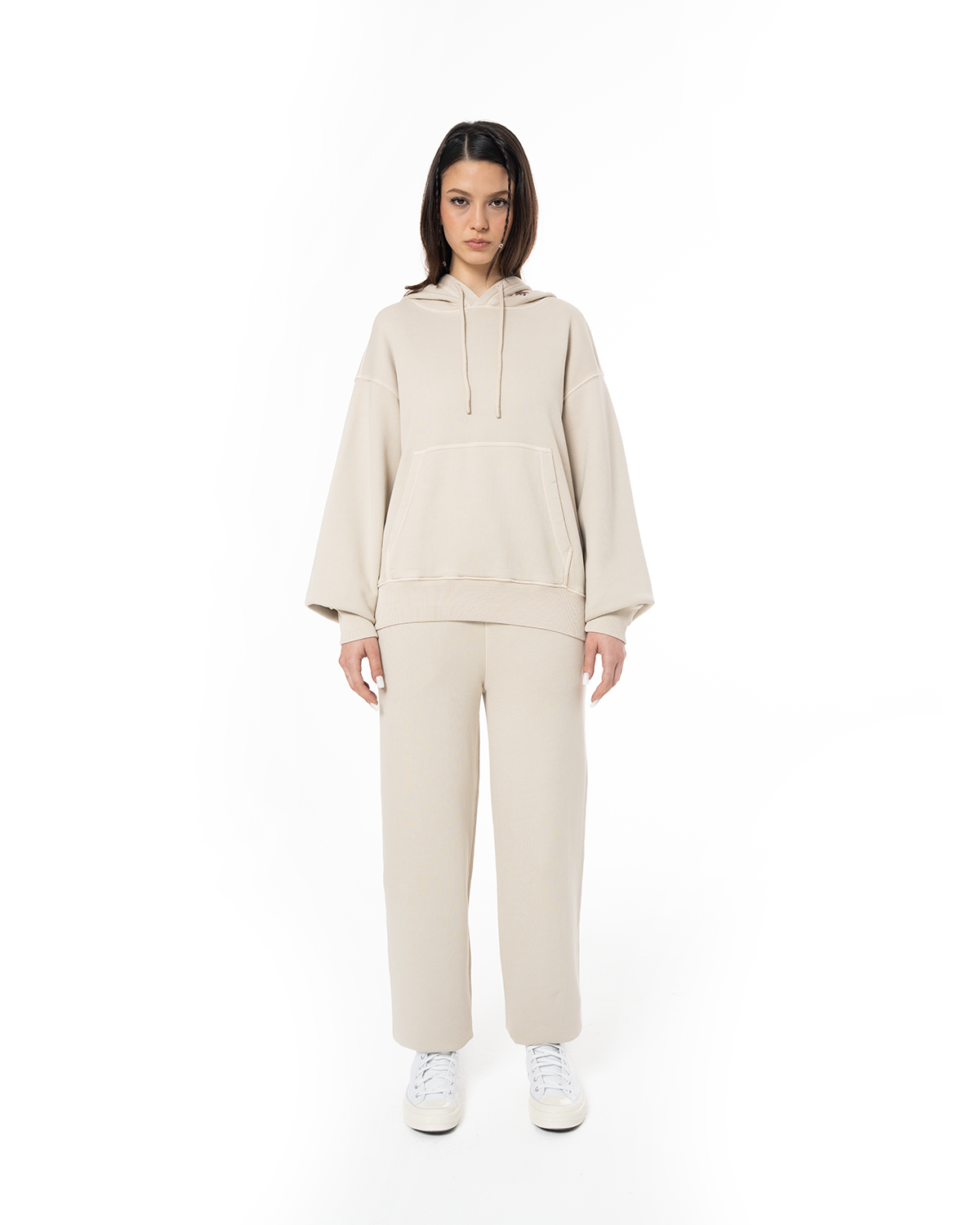 Kadin Oversize Fm Icon Nakişli Hoodie - Bej