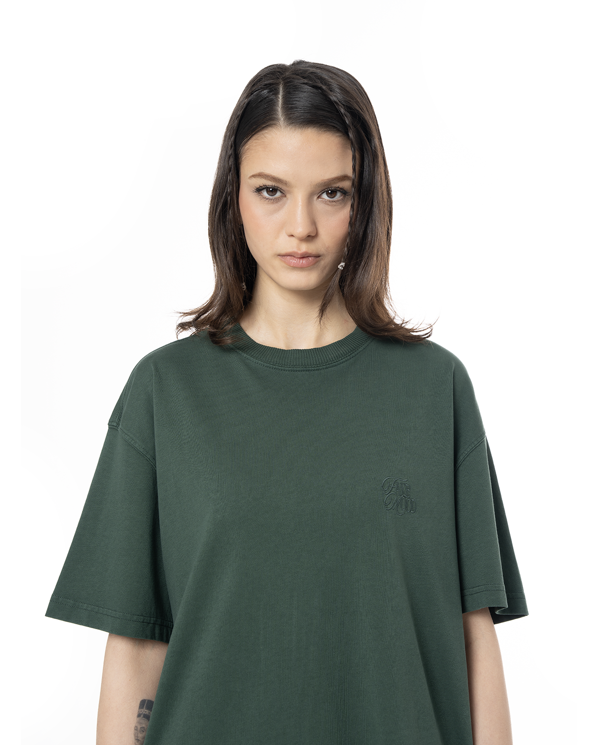 Kadin Oversize Fakemood Nakişli TiŞört - YeşiL