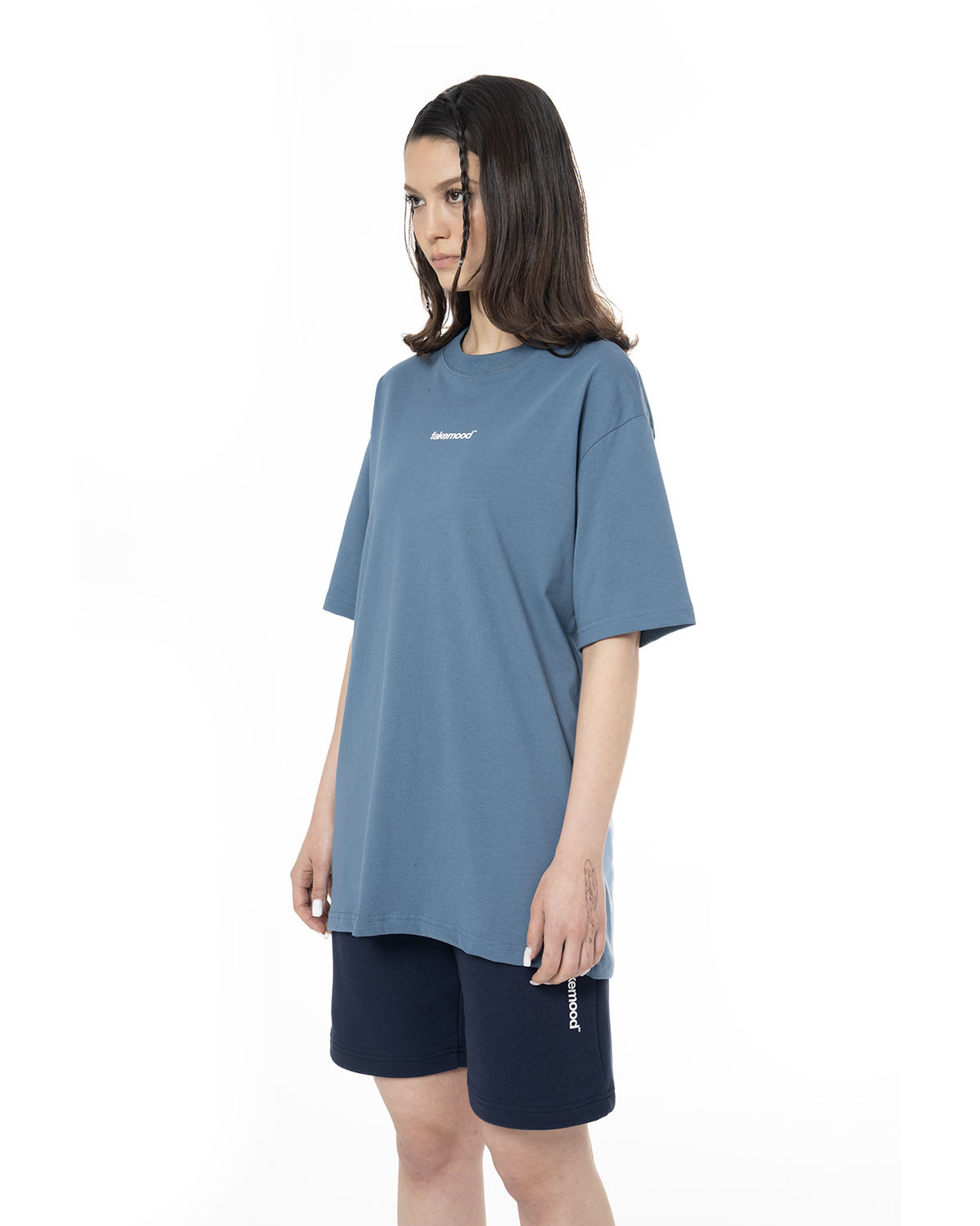 Kadin Oversize Basic Baskili TiŞört - Mavi