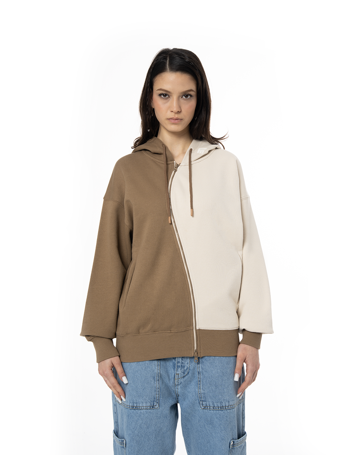 Kadin Oversize AsiMetriK KesiM Nakişli Zip Hoodie - Bej / Kahverengi