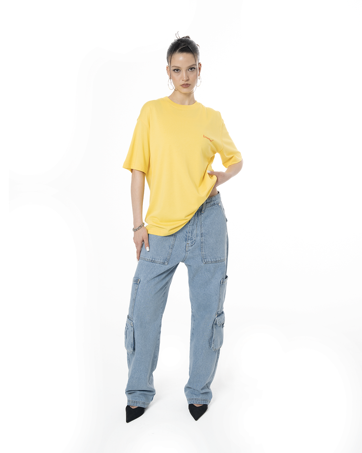 Kadin Oversize 2000'S Puff Baskili TiŞört - Neon Sari