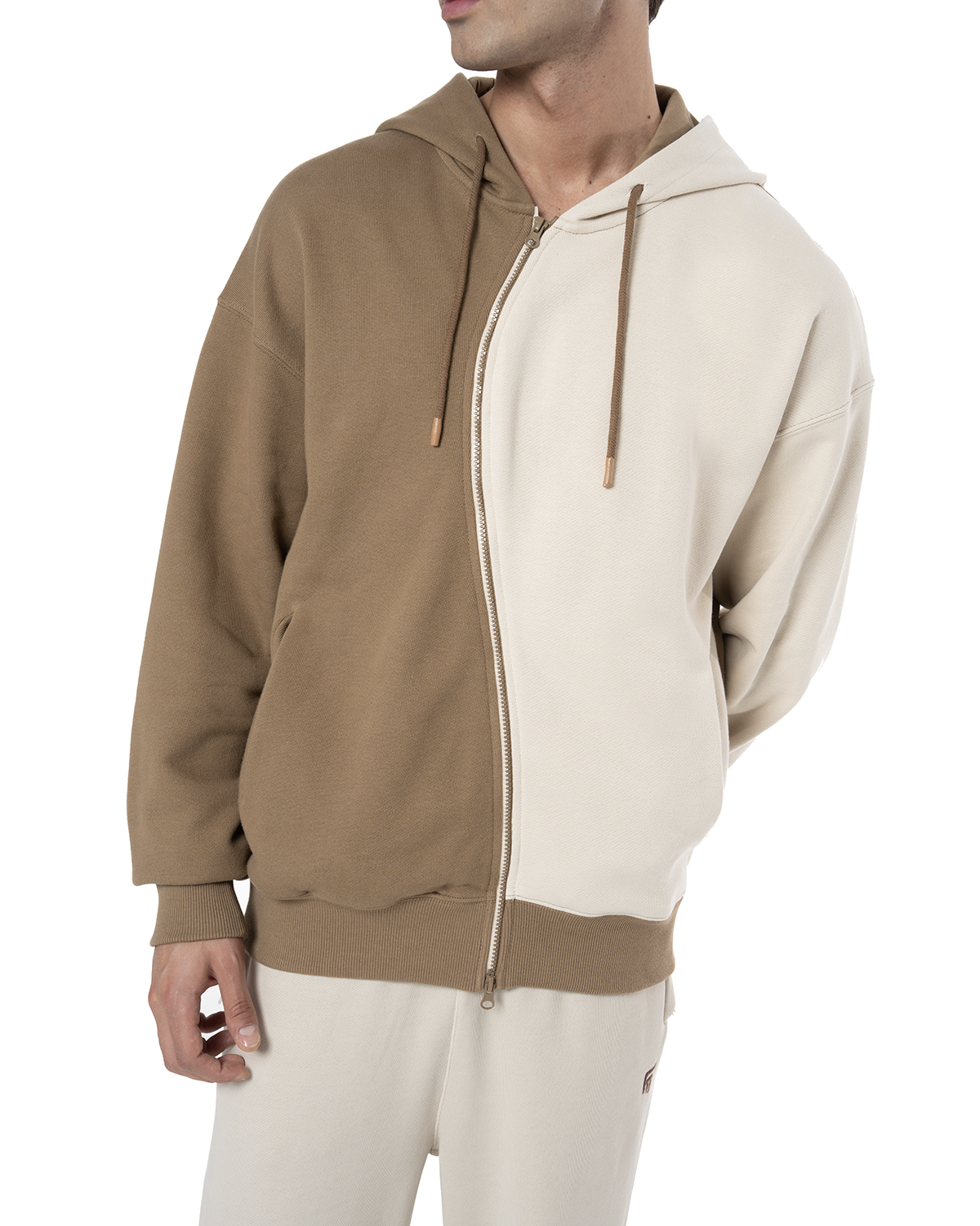 Erkek Oversize AsiMetriK KesiM Nakişli Zip Hoodie - Bej / Kahverengi