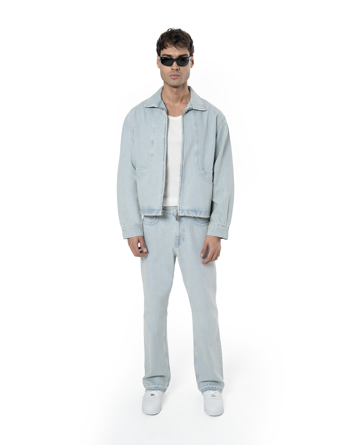 Unisex Relaxed Fit Fakemood Nakişli Premium Denim Pantolon - Açik Mavi