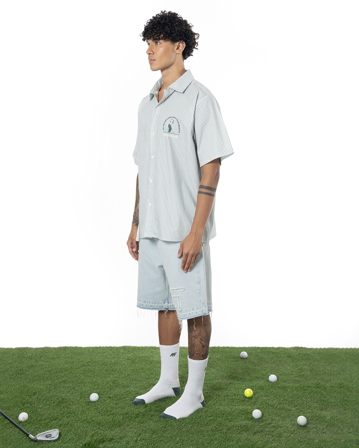 Erkek Oversize ÇiZgiLi Motto Etketli Golf Club Gömlek - YeşiL