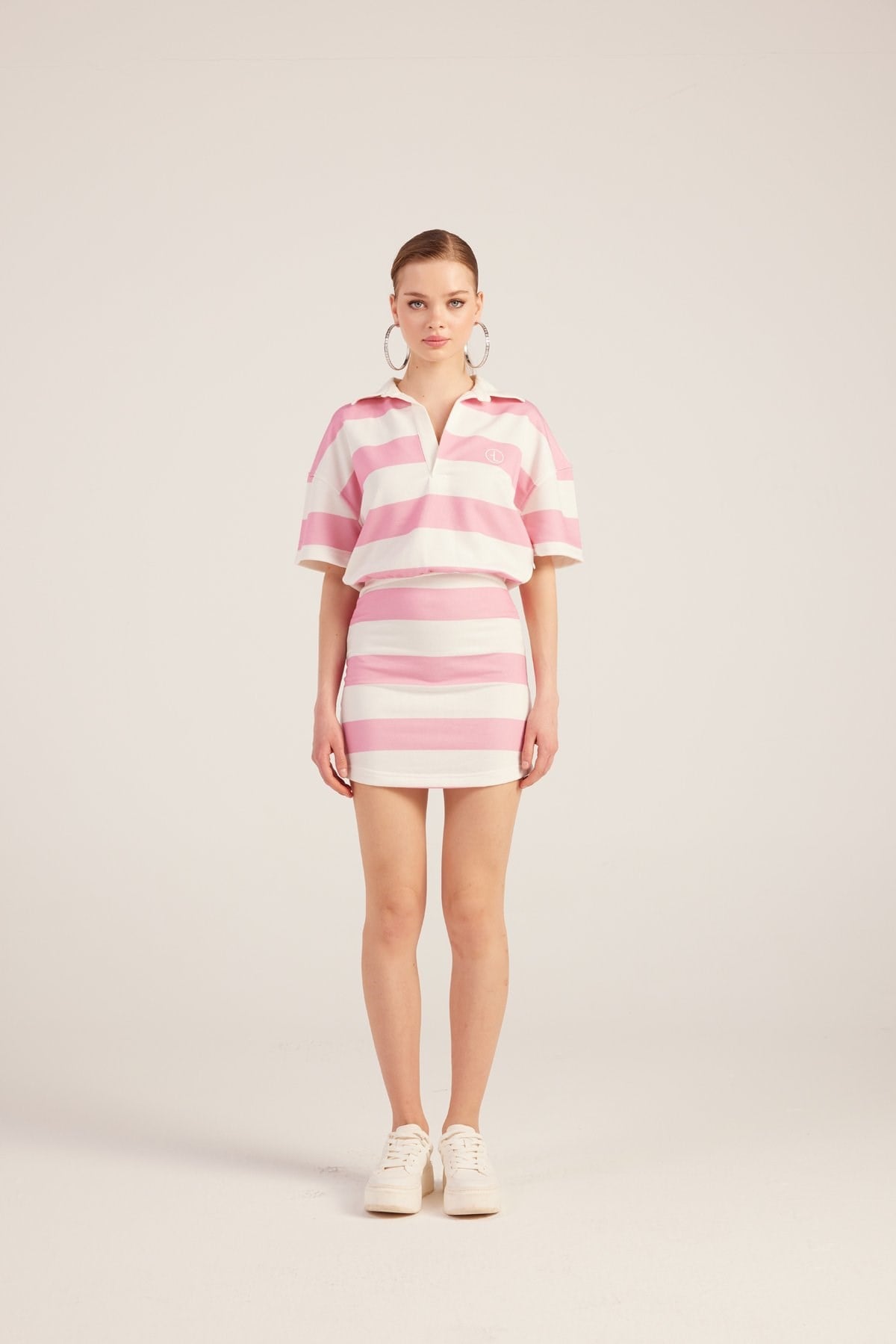 Polo Yaka Çizgili Mini Pamela Elbise Pembe