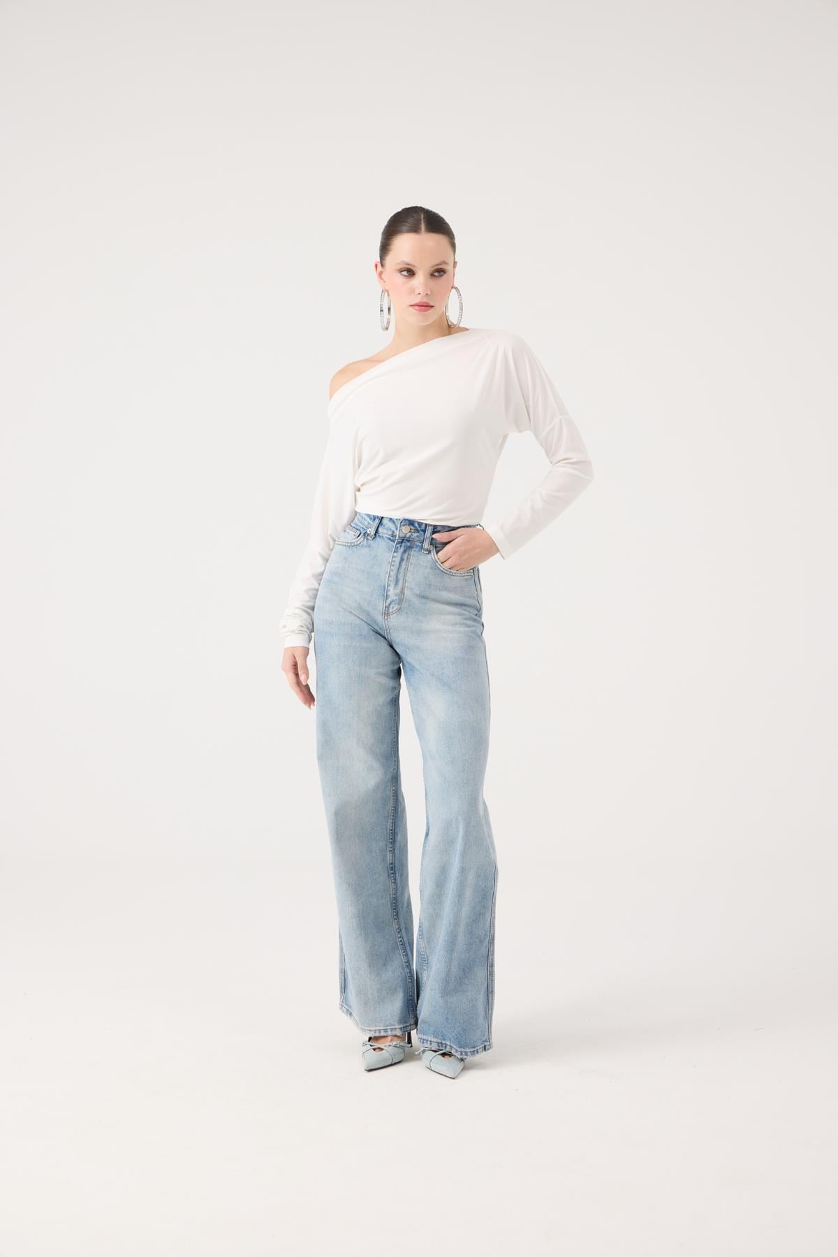 Yüksek Bel Wide Leg Carino Jean Pantolon Mavi