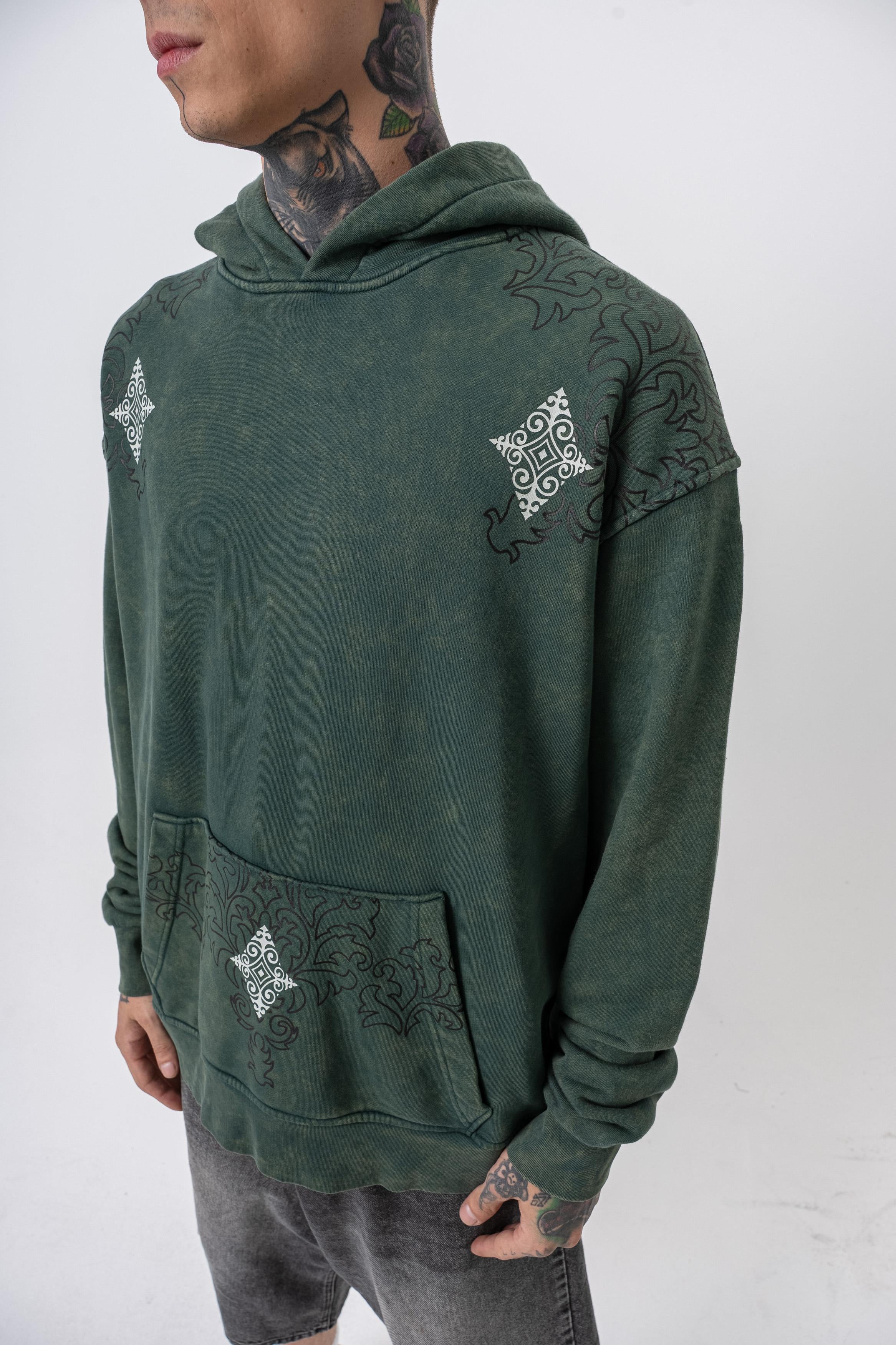 Erkek 10 Baskılı Yıkamalı Kapüşonlu Oversize Hoodie Yeşil