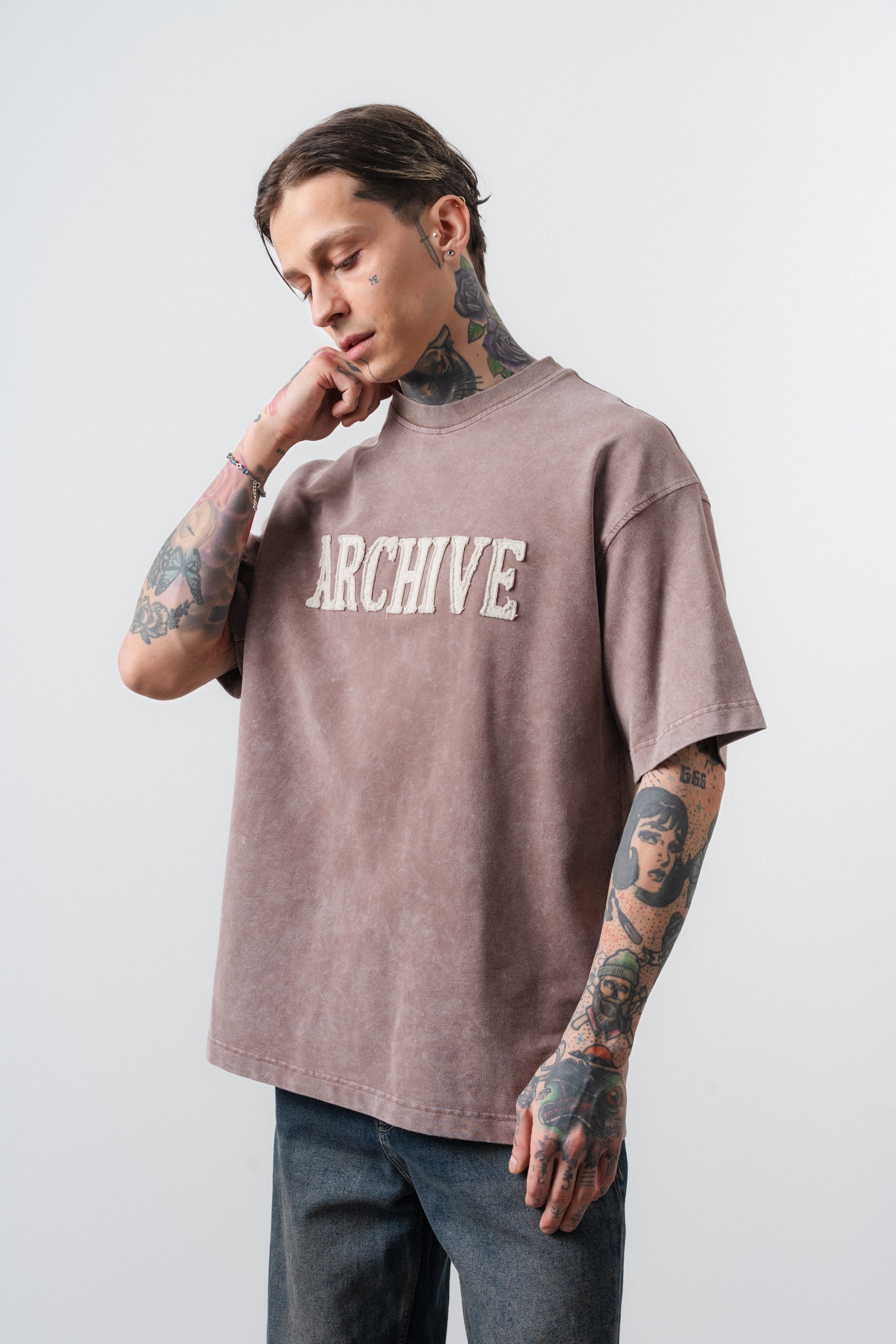 Erkek Archive Nakışlı Yıkamalı Oversize T-Shirt Kahve