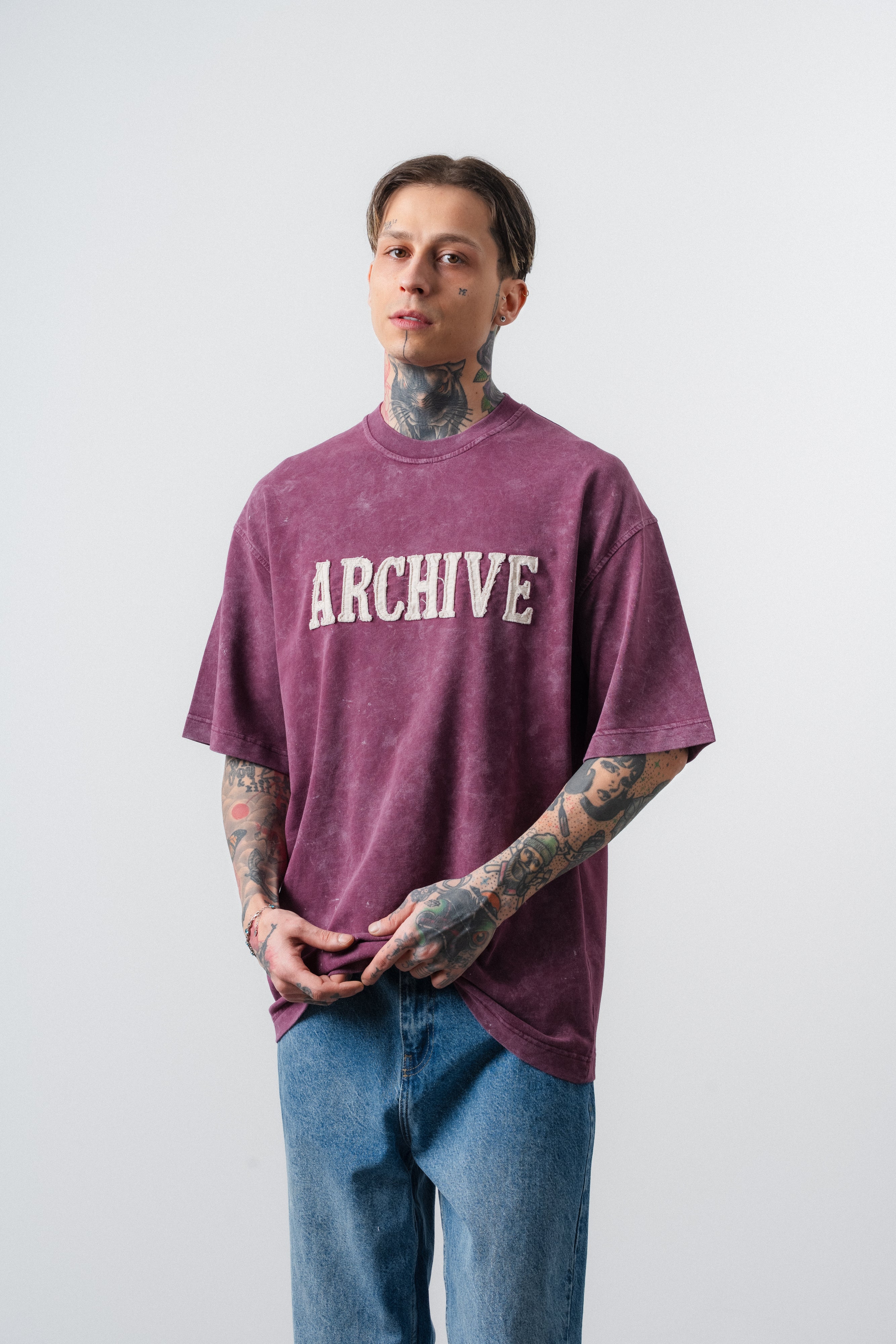 Erkek Archive Nakışlı Yıkamalı Oversize T-Shirt Vişne