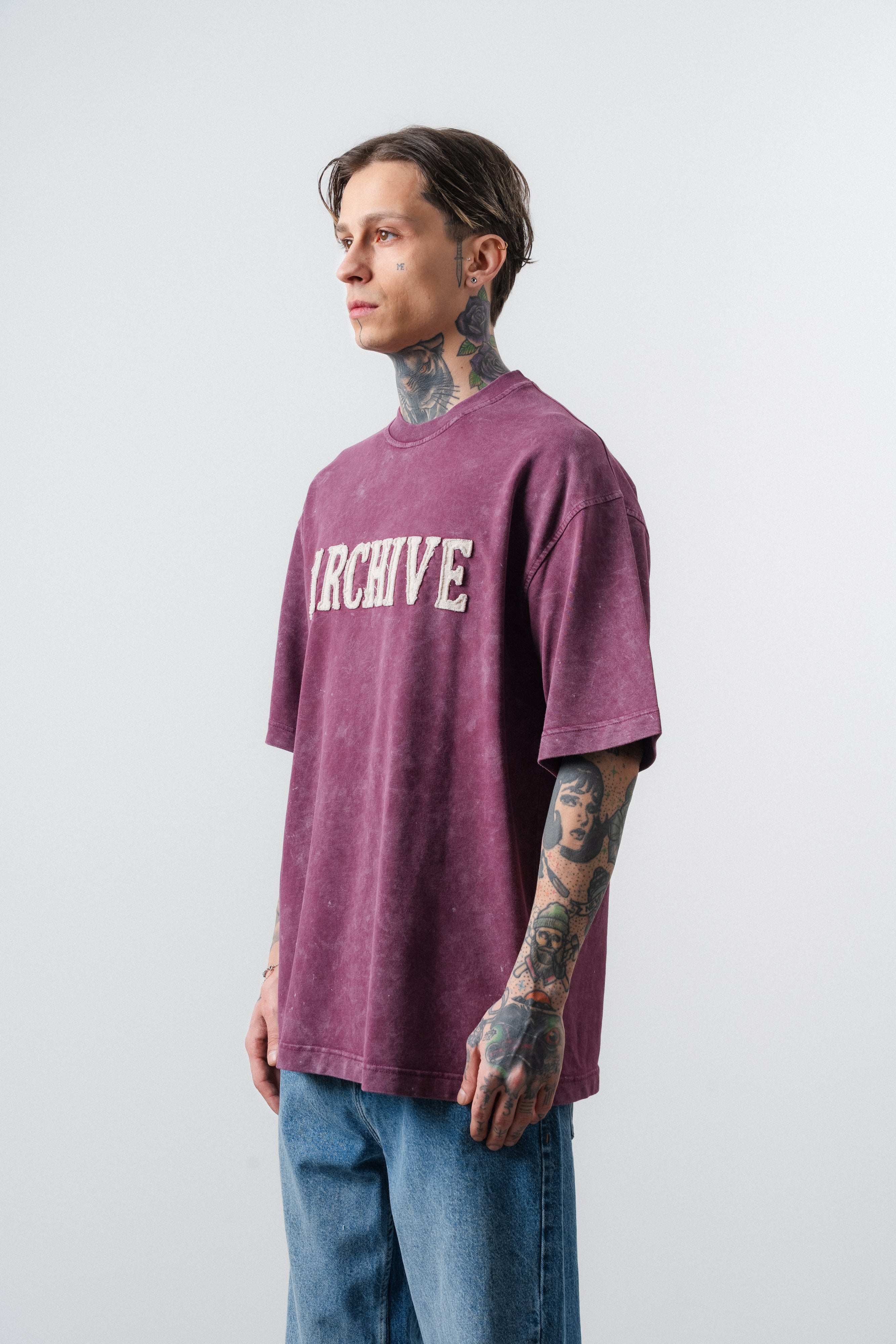 Erkek Archive Nakışlı Yıkamalı Oversize T-Shirt Vişne