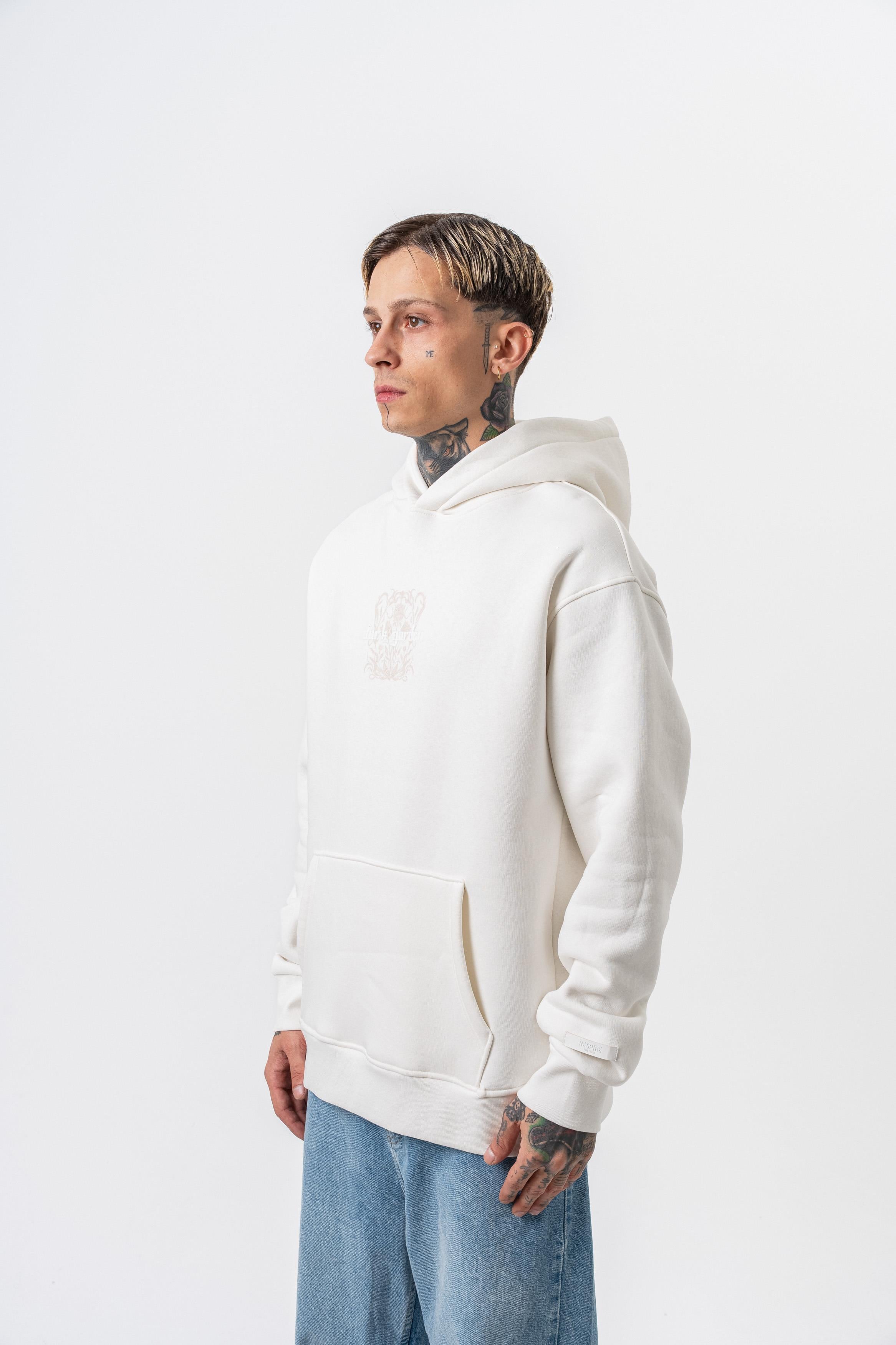 Erkek Garden Baskılı Kapüşonlu Oversize Hoodie Ekru