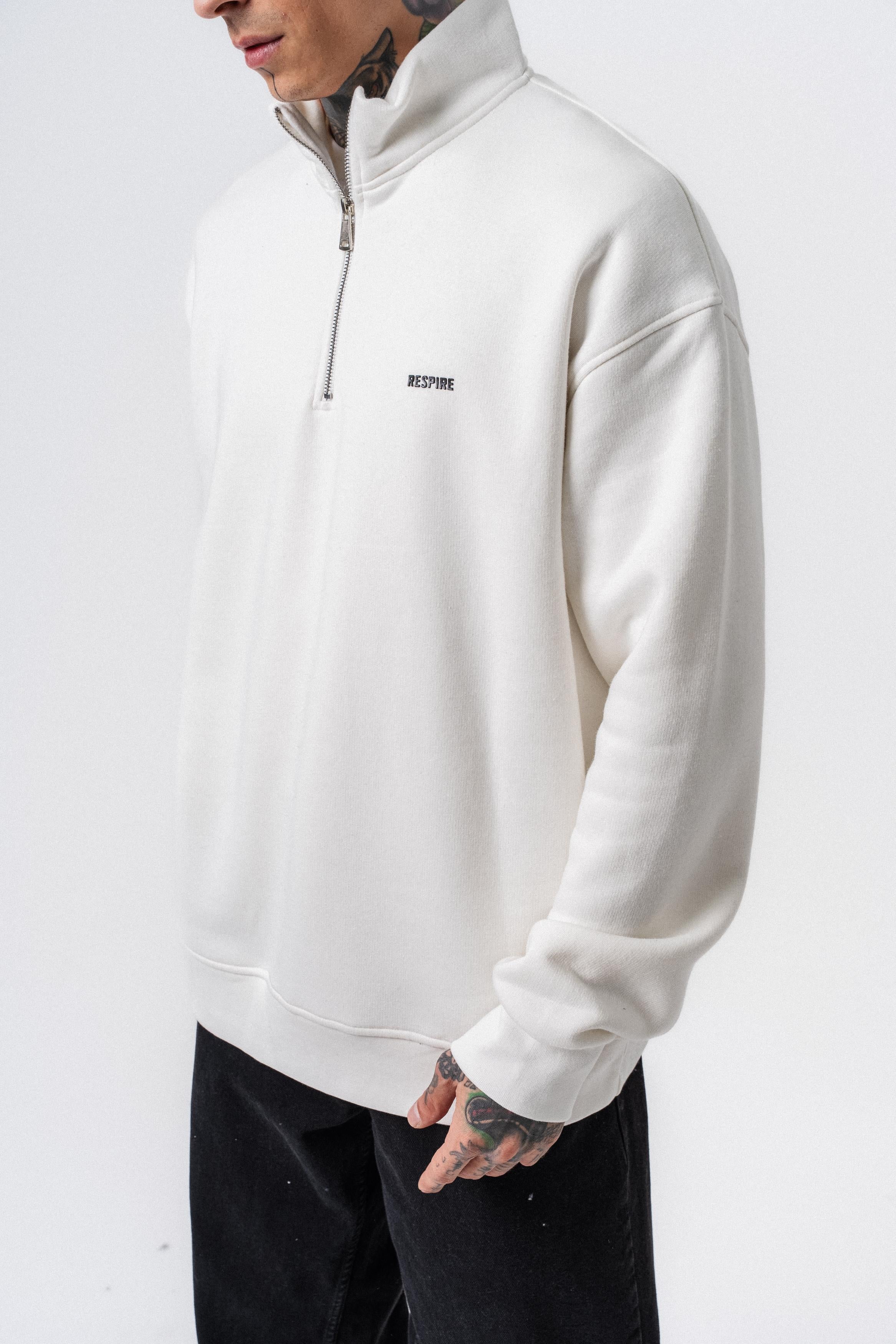Erkek Respire Yazı Detaylı Yarım Fermuarlı Basic Sweatshirt Ekru