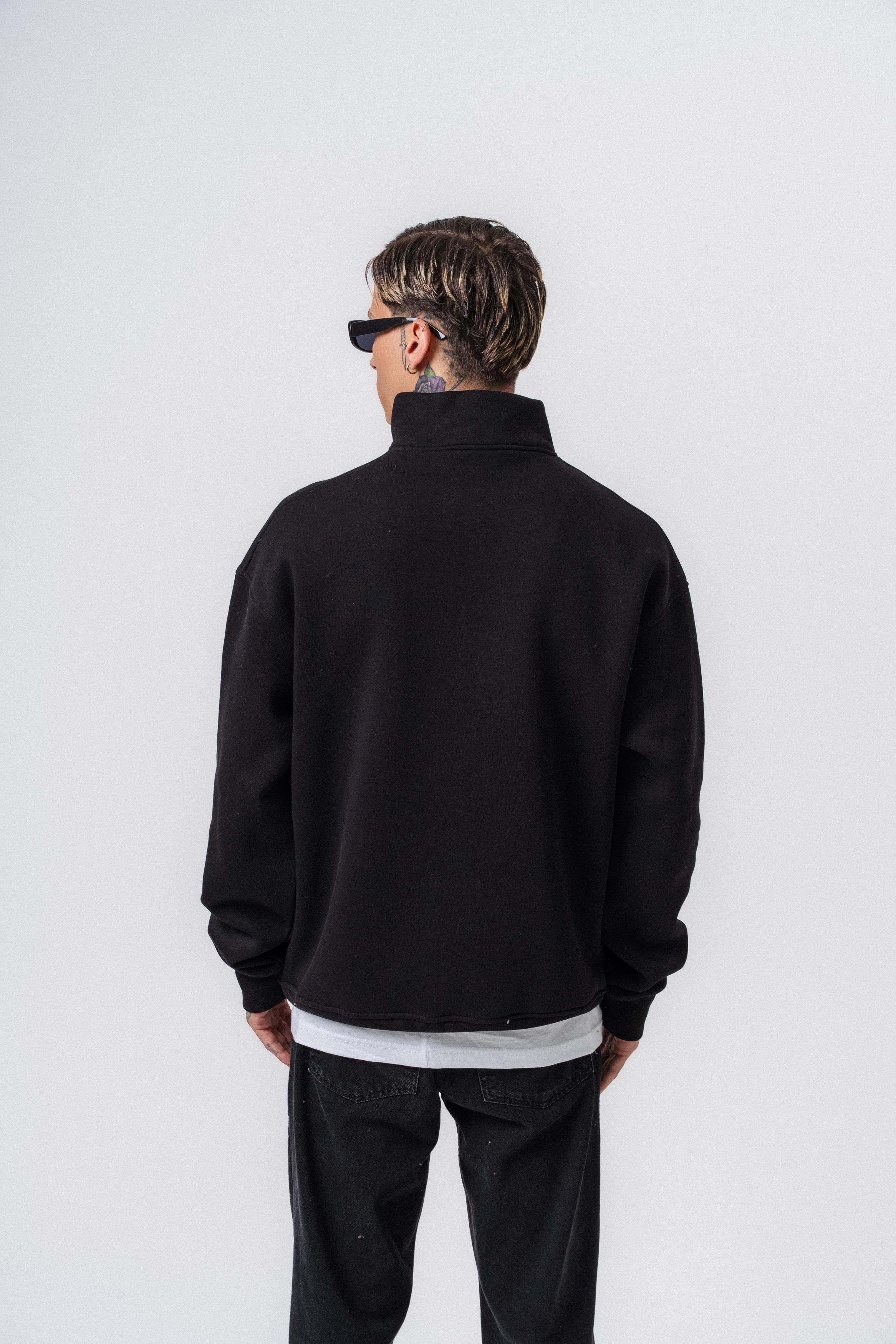 Erkek Respire Yazı Detaylı Yarım Fermuarlı Basic Sweatshirt Siyah