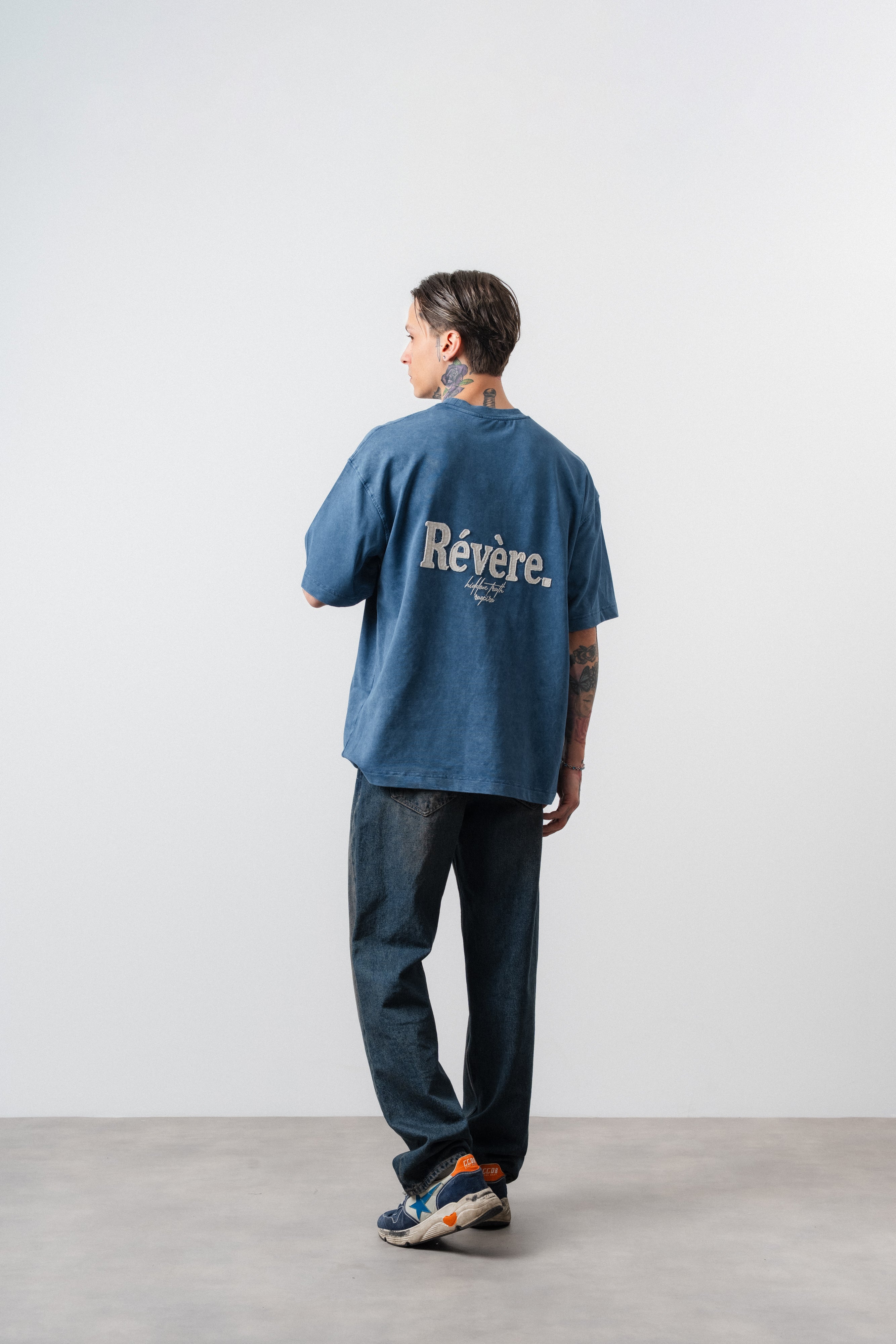 Erkek Revere Nakışlı Yıkamalı Oversize T-Shirt Lacivert