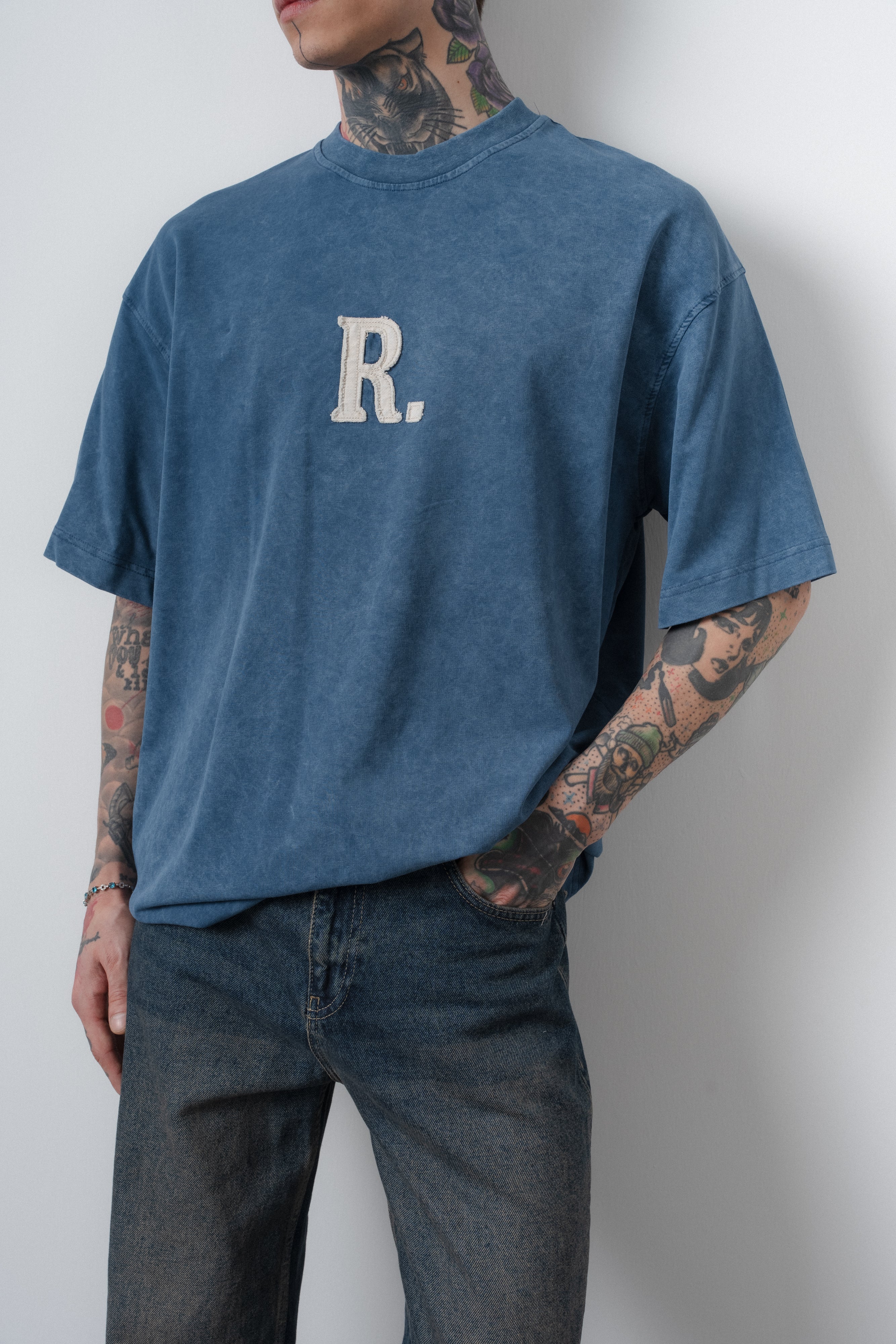 Erkek Revere Nakışlı Yıkamalı Oversize T-Shirt Lacivert