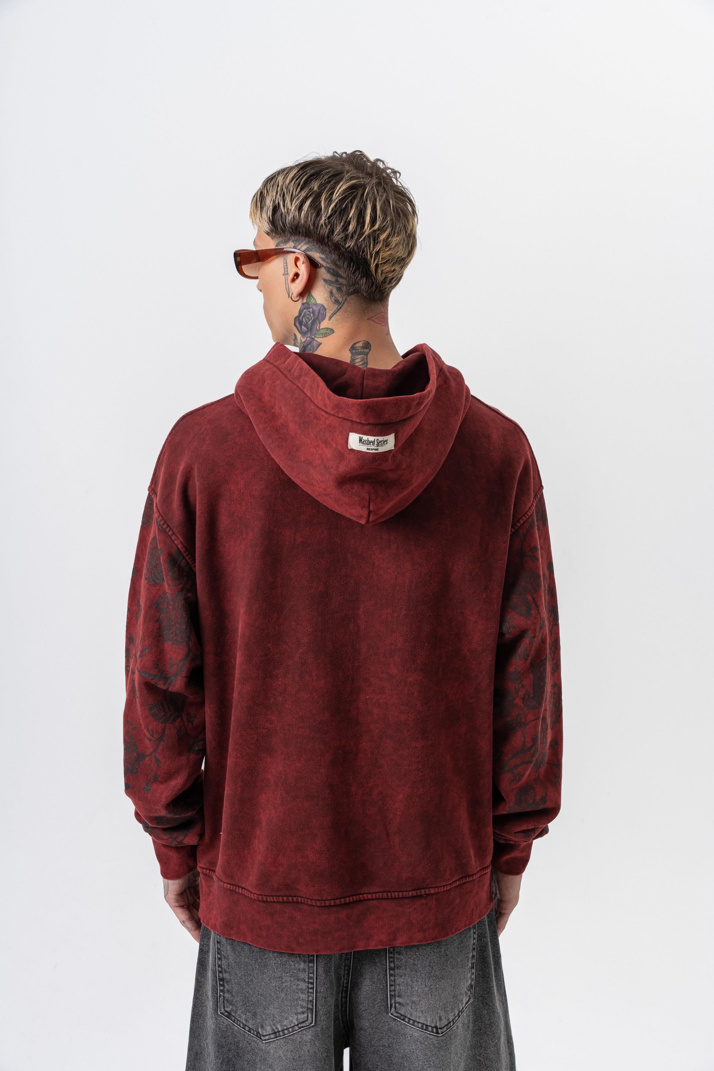 Erkek Root Deep Baskılı Yıkamalı Kapüşonlu Oversize Hoodie Bordo