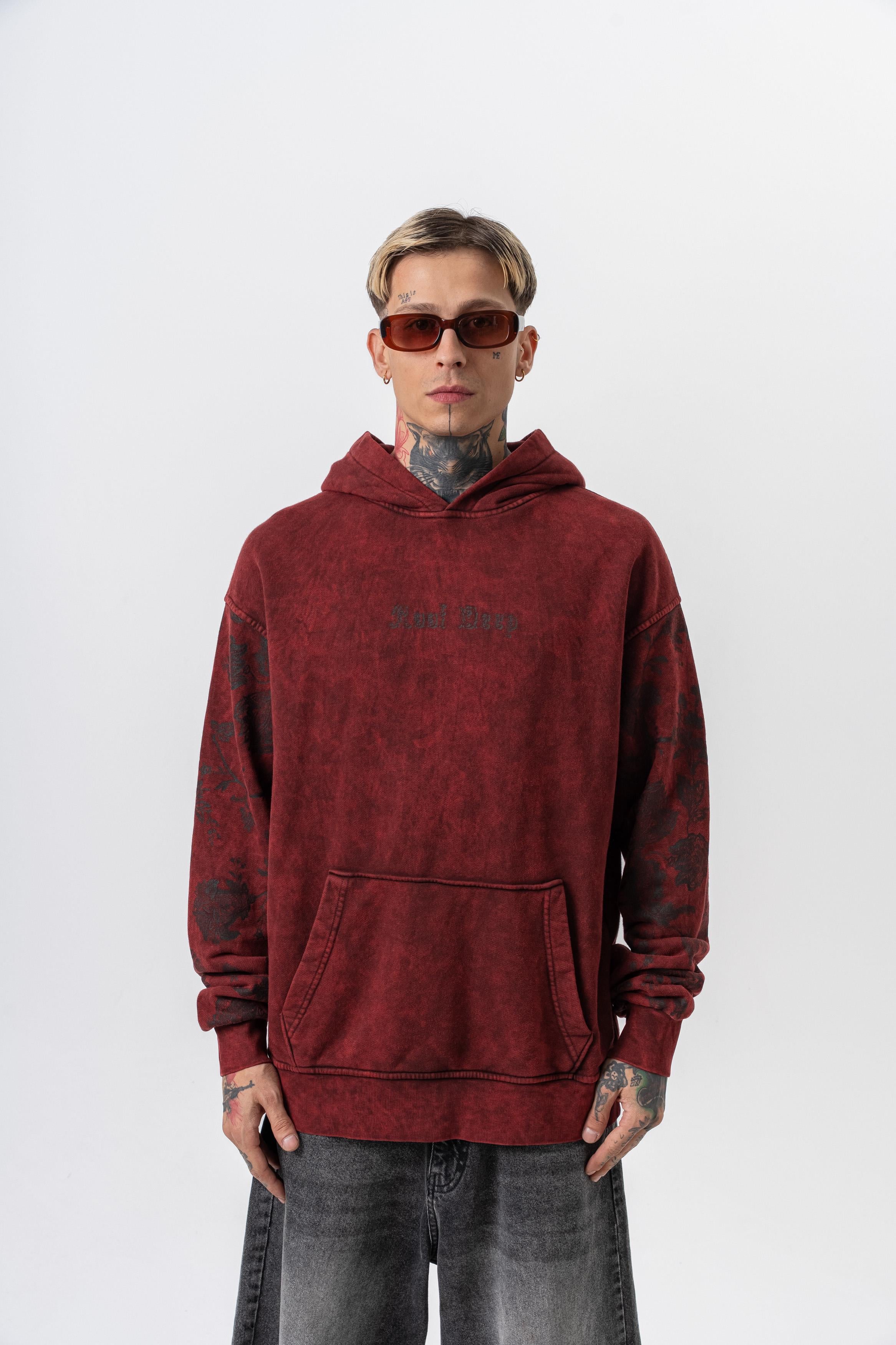 Erkek Root Deep Baskılı Yıkamalı Kapüşonlu Oversize Hoodie Bordo