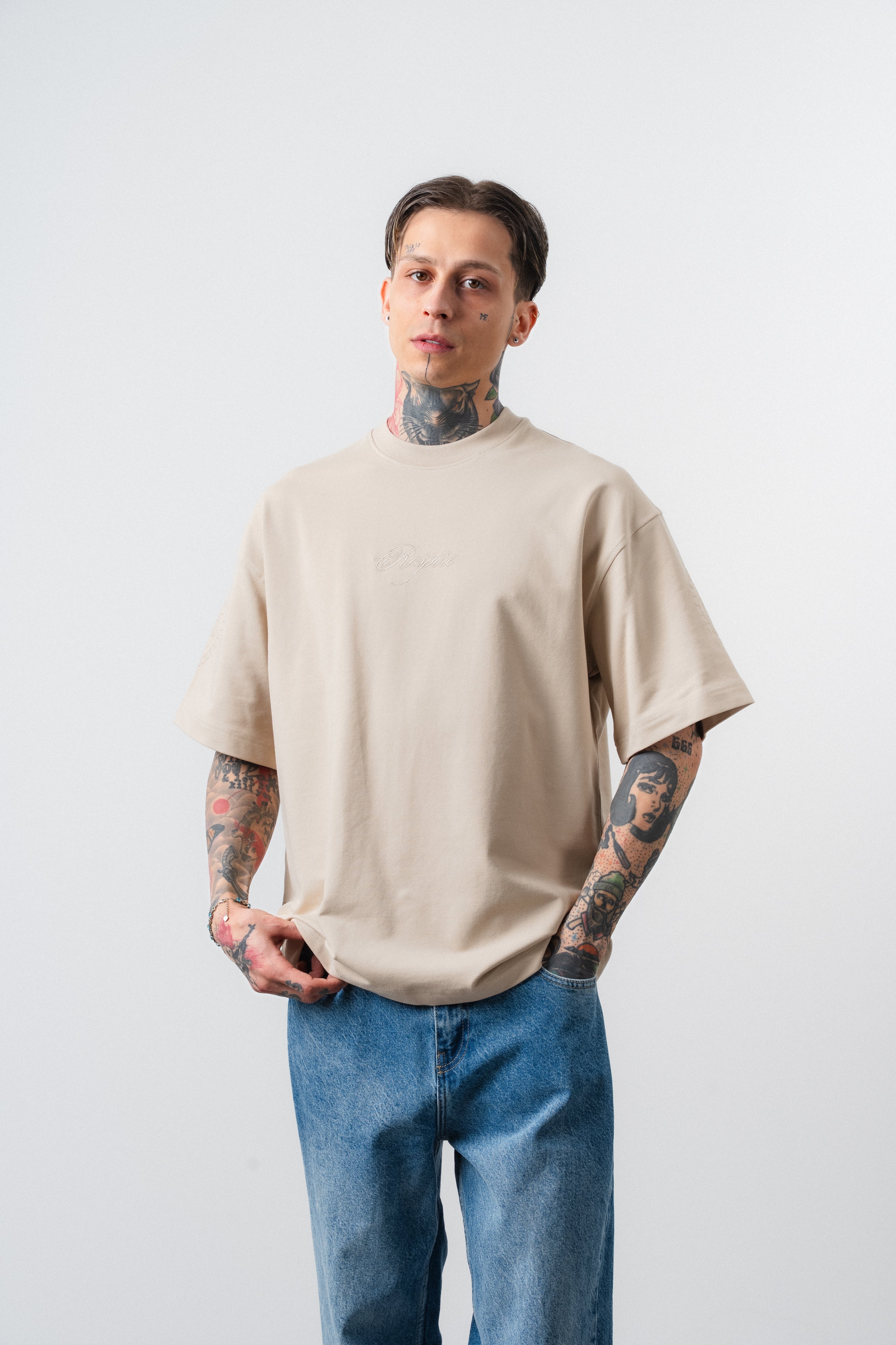 Erkek Rosette Nakış Detaylı Oversize T-Shirt Bej