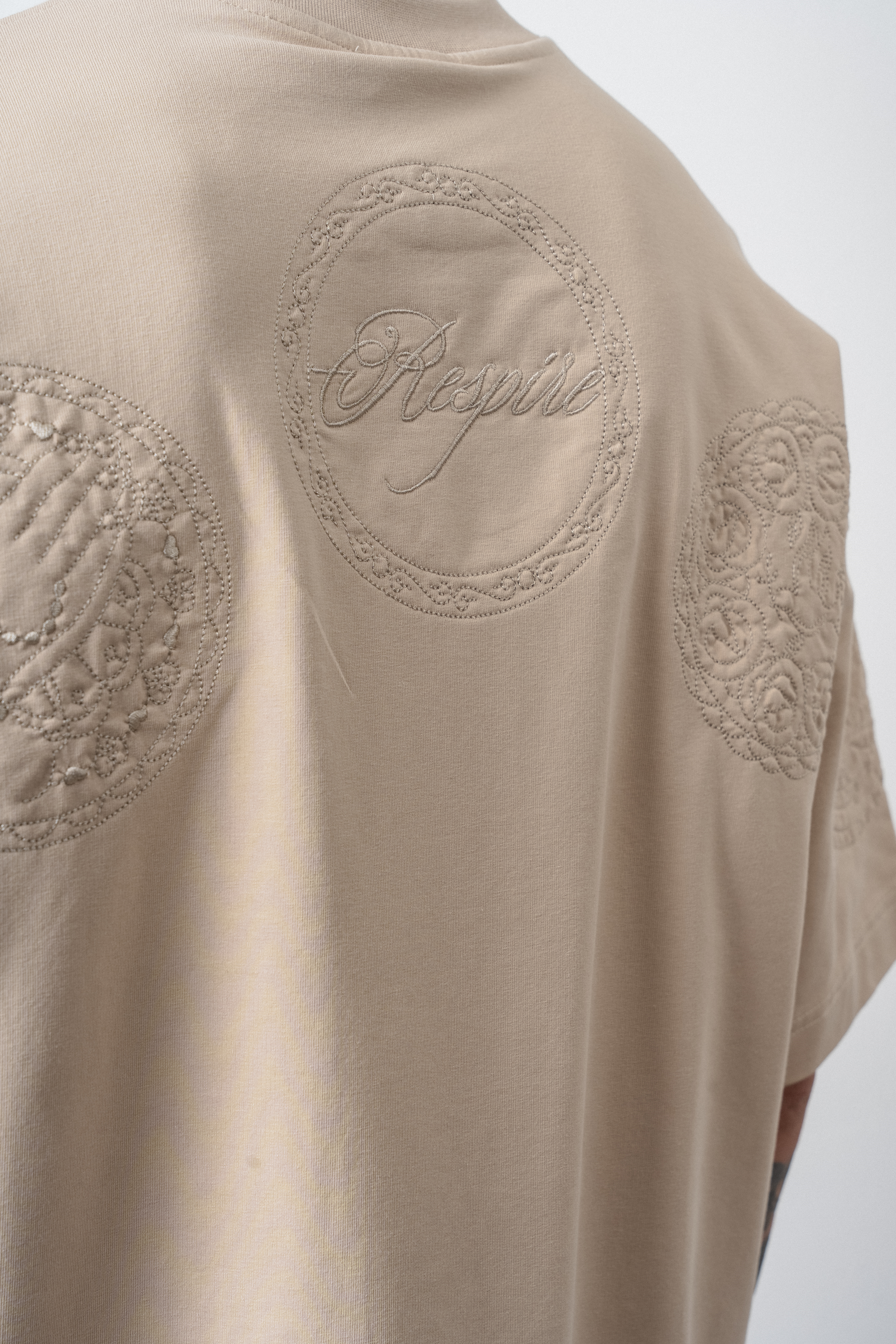 Erkek Rosette Nakış Detaylı Oversize T-Shirt Bej