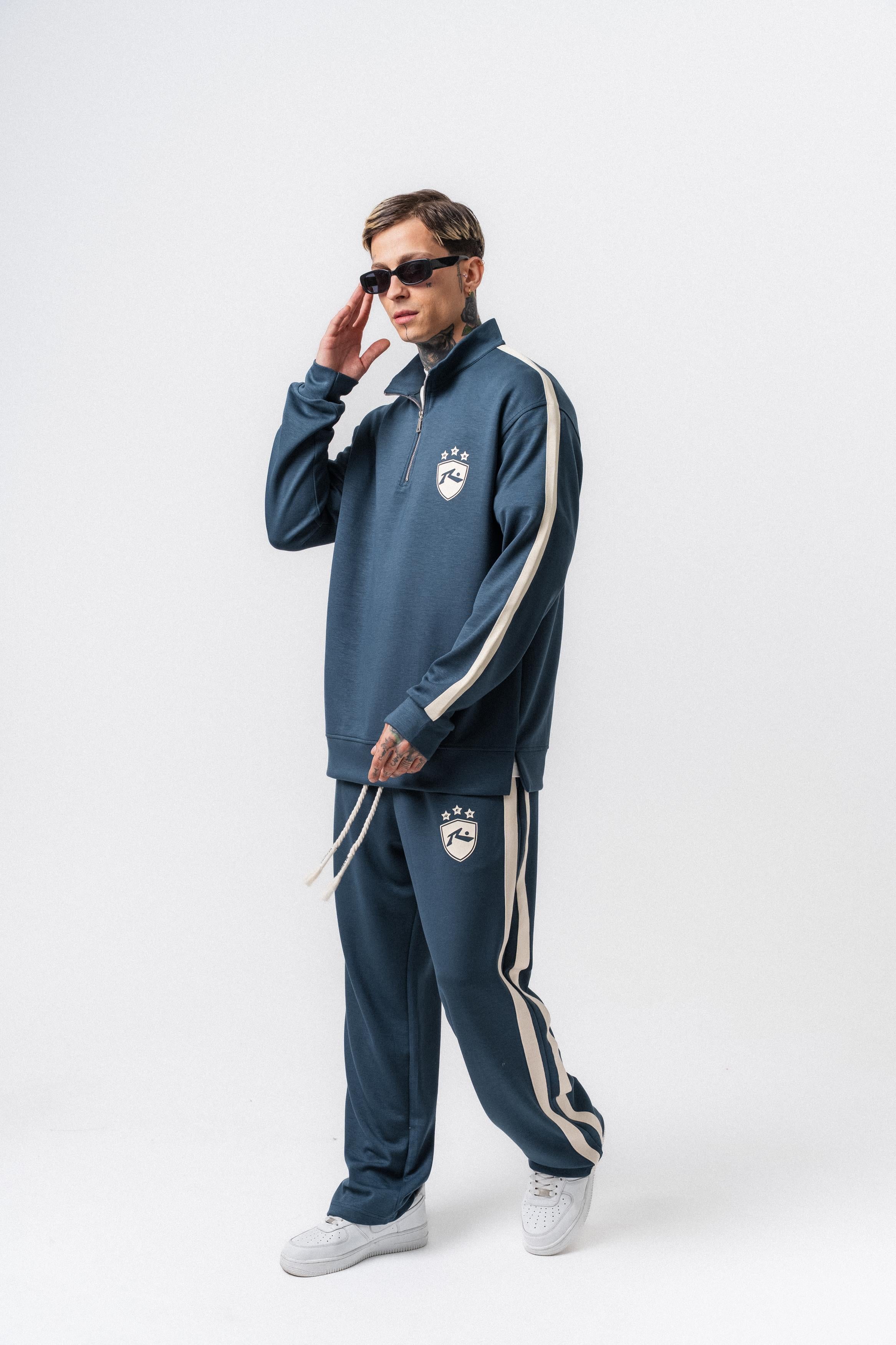 Erkek Şerit Detaylı Yarım Fermuarlı Modal Sweatshirt Petrol