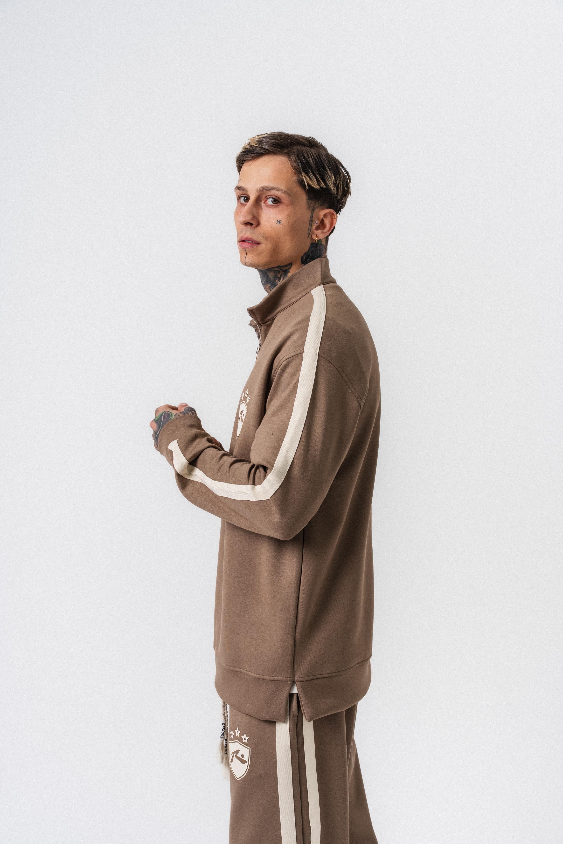 Erkek Şerit Detaylı Yarım Fermuarlı Modal Sweatshirt Vizon