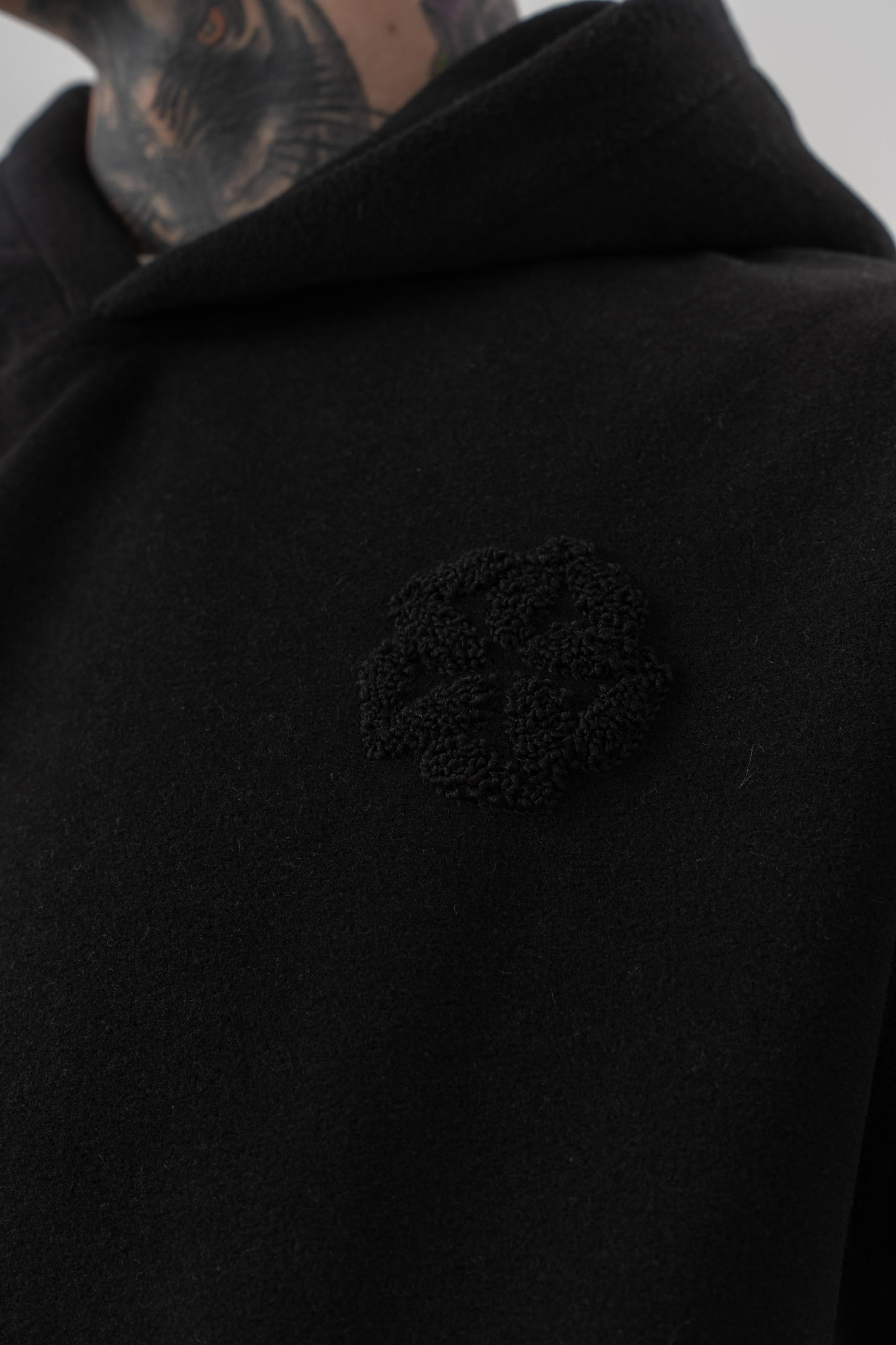Erkek Süzene Nakış Detaylı Kapüşonlu Oversize Polar Hoodie Siyah