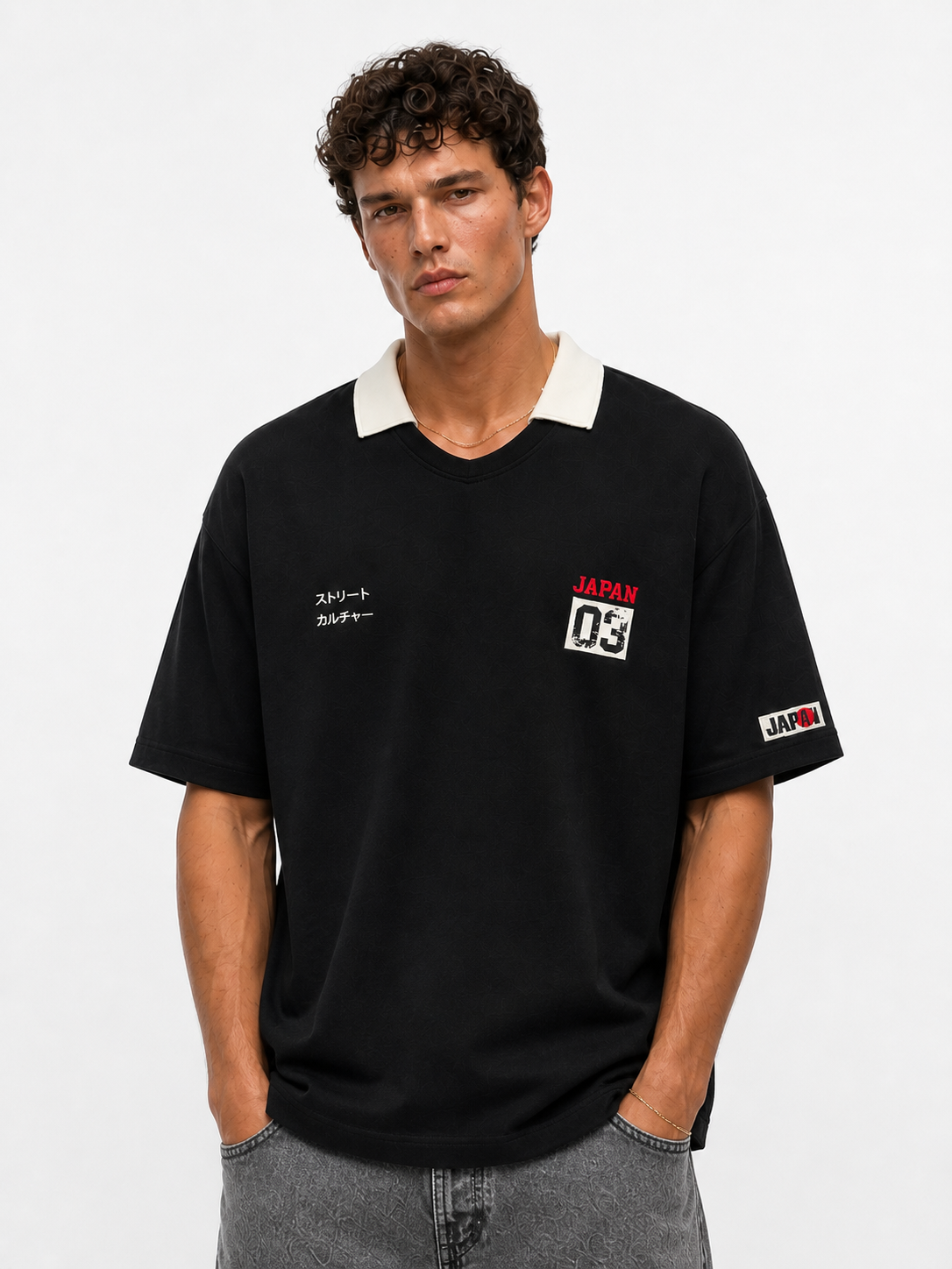 Erkek Yaka Detaylı Oversize T-Shirt Siyah