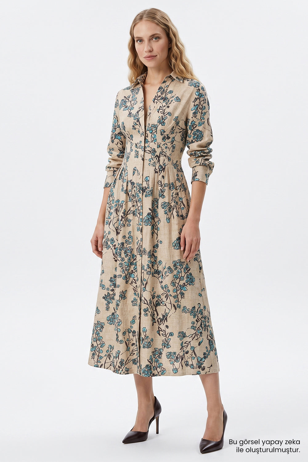 Uzun Kollu Bele Oturan Pileli Slim Fit Midi Çok Renkli Elbise