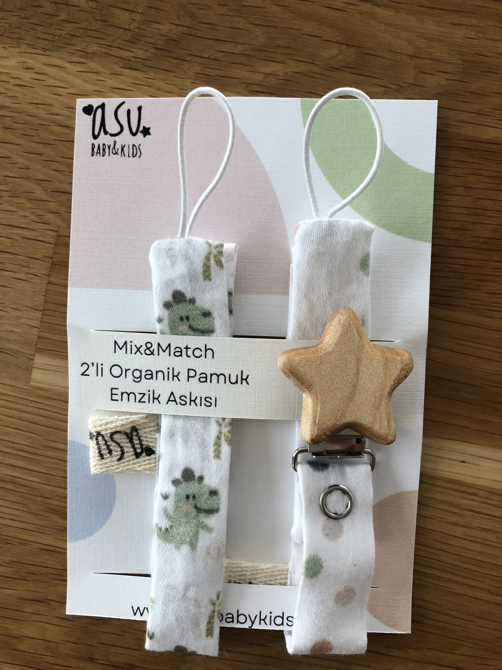 Asu Baby&Kids Pastel Mix&Match 2'Li Organik Pamuk Emzik Askısı Dino-Dot