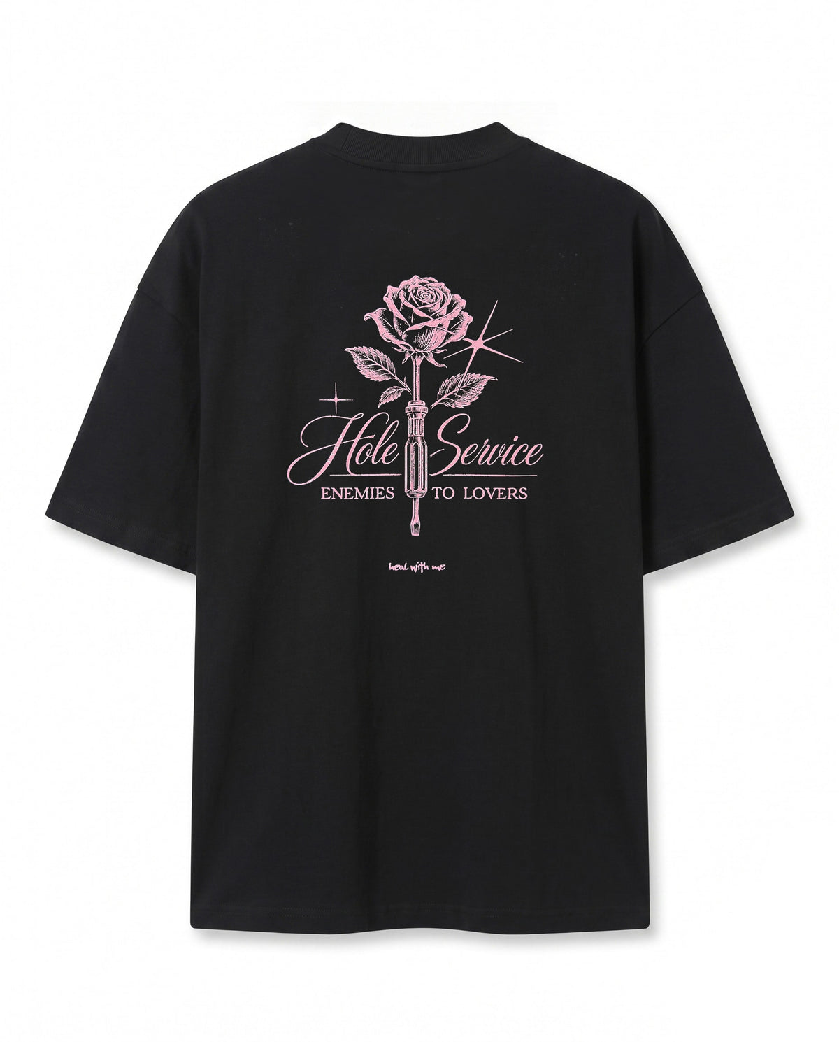 Gül Grafik Baskılı Siyah Oversize T-Shirt