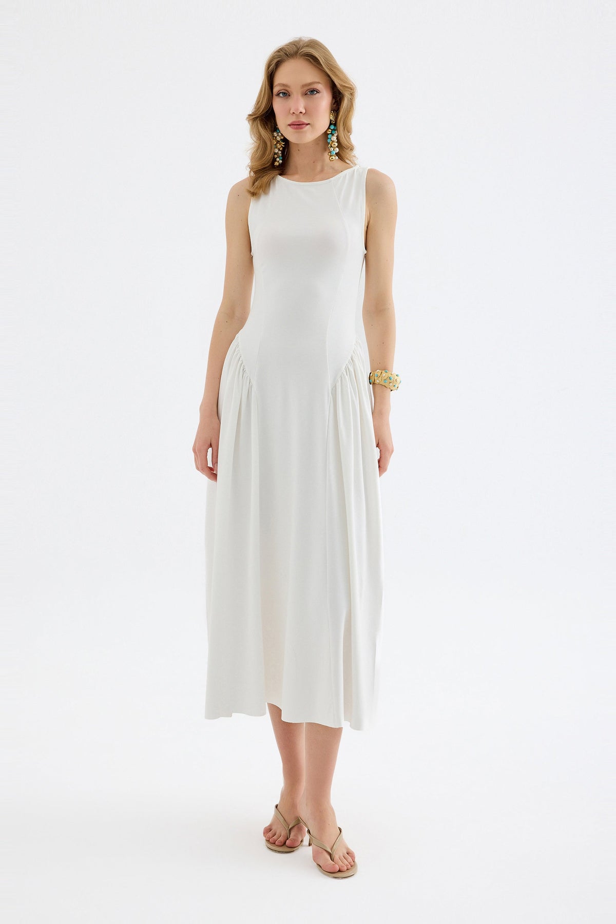 Elaris Bodycon Viskon Midi Elbise - Beyaz